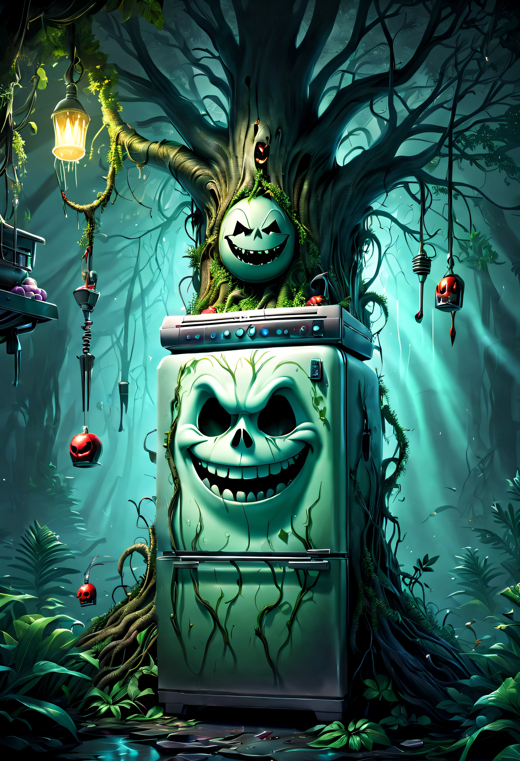 Haunted refrigerator grows on tree，(The refrigerator shows an evil smile:1.5)，evil grin smile，Magical tree，enchanted tree，The tree is covered with kitchen utensils，Epic surreal art style,epic gothic art style,Epic digital fantasy illustrations,epic mythology art style,Epic fantasy art style， Background magic jungle, sci fi art, ，Excellent，hyper realisitc，Thriller，Ghost Tree，