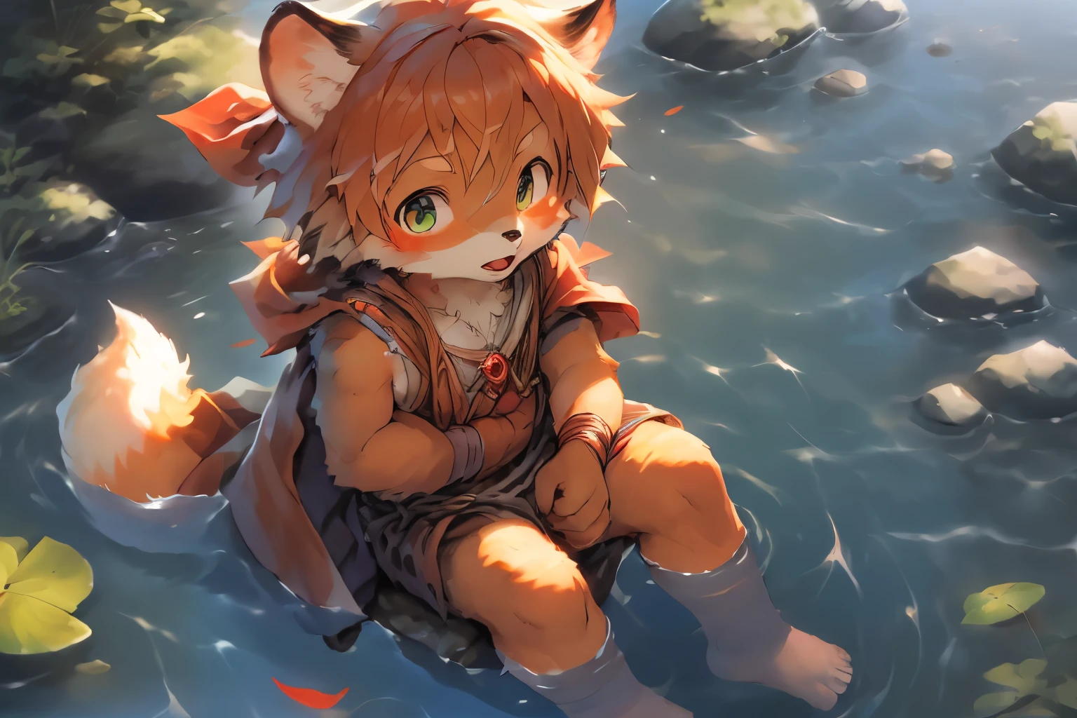 Anime style illustration of fox fishing with fishing rod in river, Cute and detailed digital art, Very very beautiful furry art, Detailed fanart, high-quality wallpaper, dress up as a fisherman 🧥, furry fantasy art, Popular topics on artstation pixiv, High-quality fanart, Human fox, cute fox(,Libido boy,male people,Sit Pose,The perspective is from above,Half immersed in water),by Pino Deheni, Kanikai, Milk Tiger 1145, Dagasi, ys,