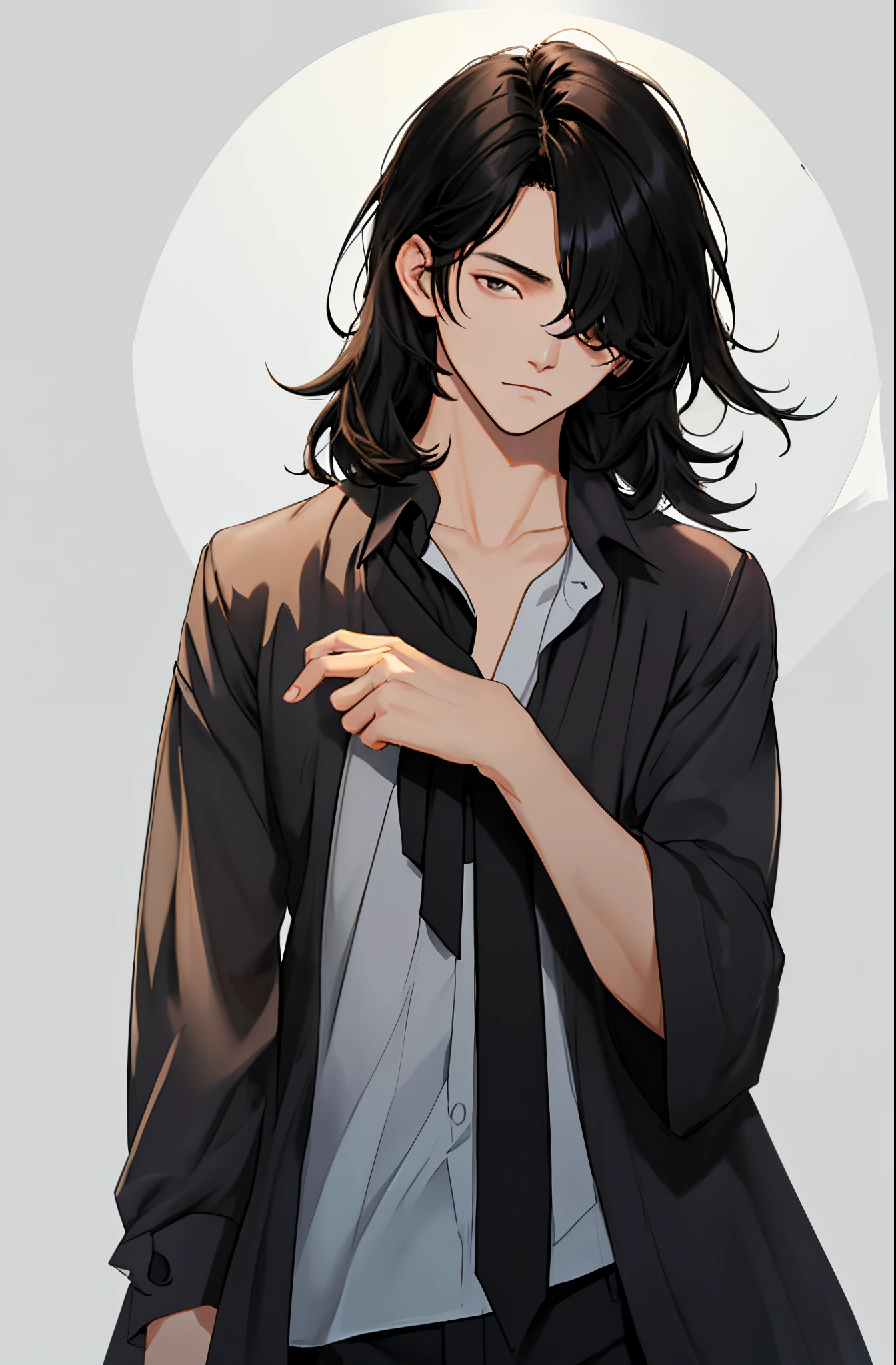 black hair color hair,femele,in a white shirt,one eye covered,黑The eye,delicate picture,transparent background