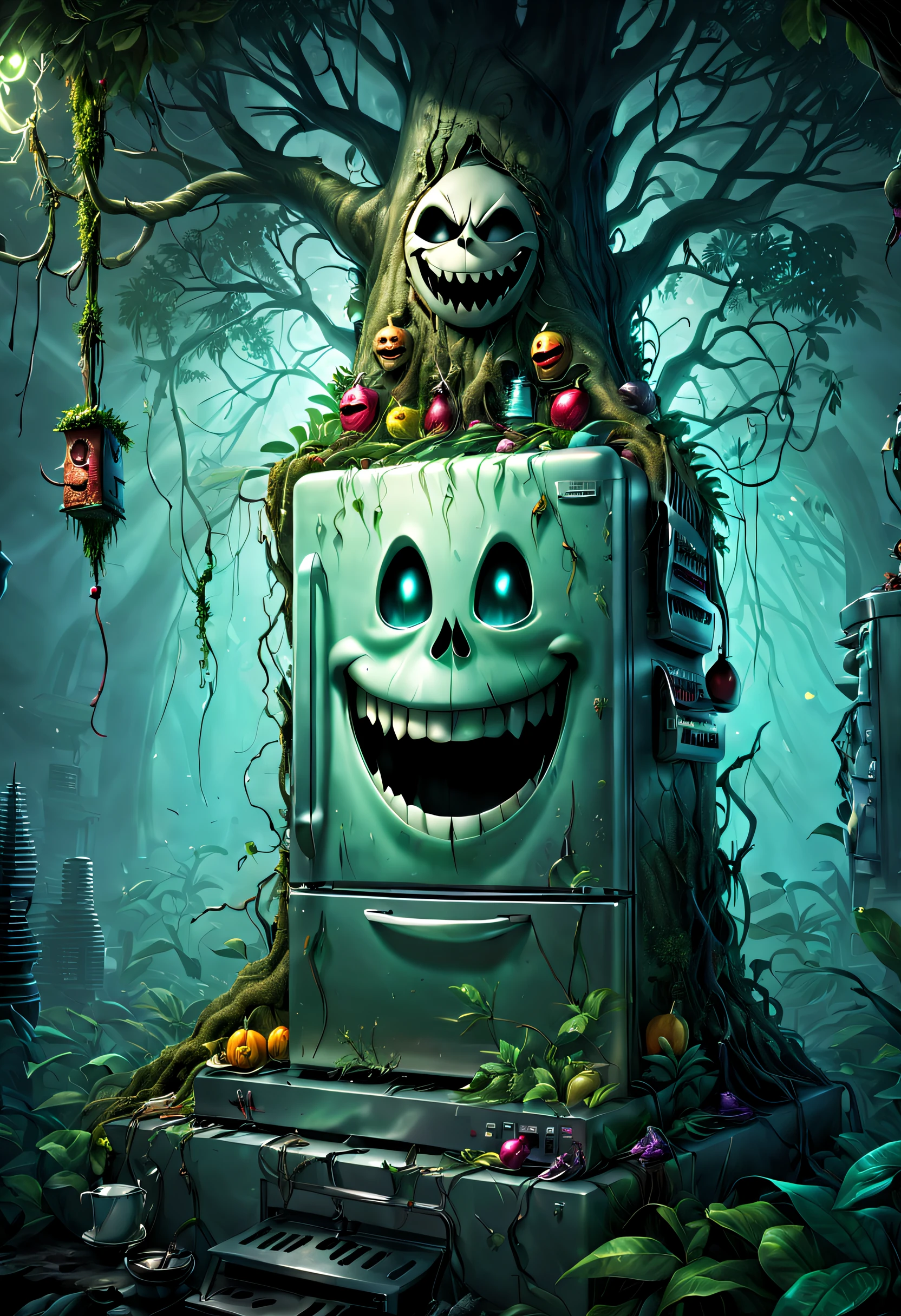 Haunted refrigerator grows on tree,(The refrigerator shows an evil smile:1.5),evil grin smile,Magical tree,enchanted tree,The tree is covered with kitchen utensils,Epic surreal art style,epic gothic art style,Epic digital fantasy illustrations,epic mythology art style,Epic fantasy art style, Background magic jungle, sci fi art, ,Excellent,hyper realisitc,Thriller,Ghost Tree,