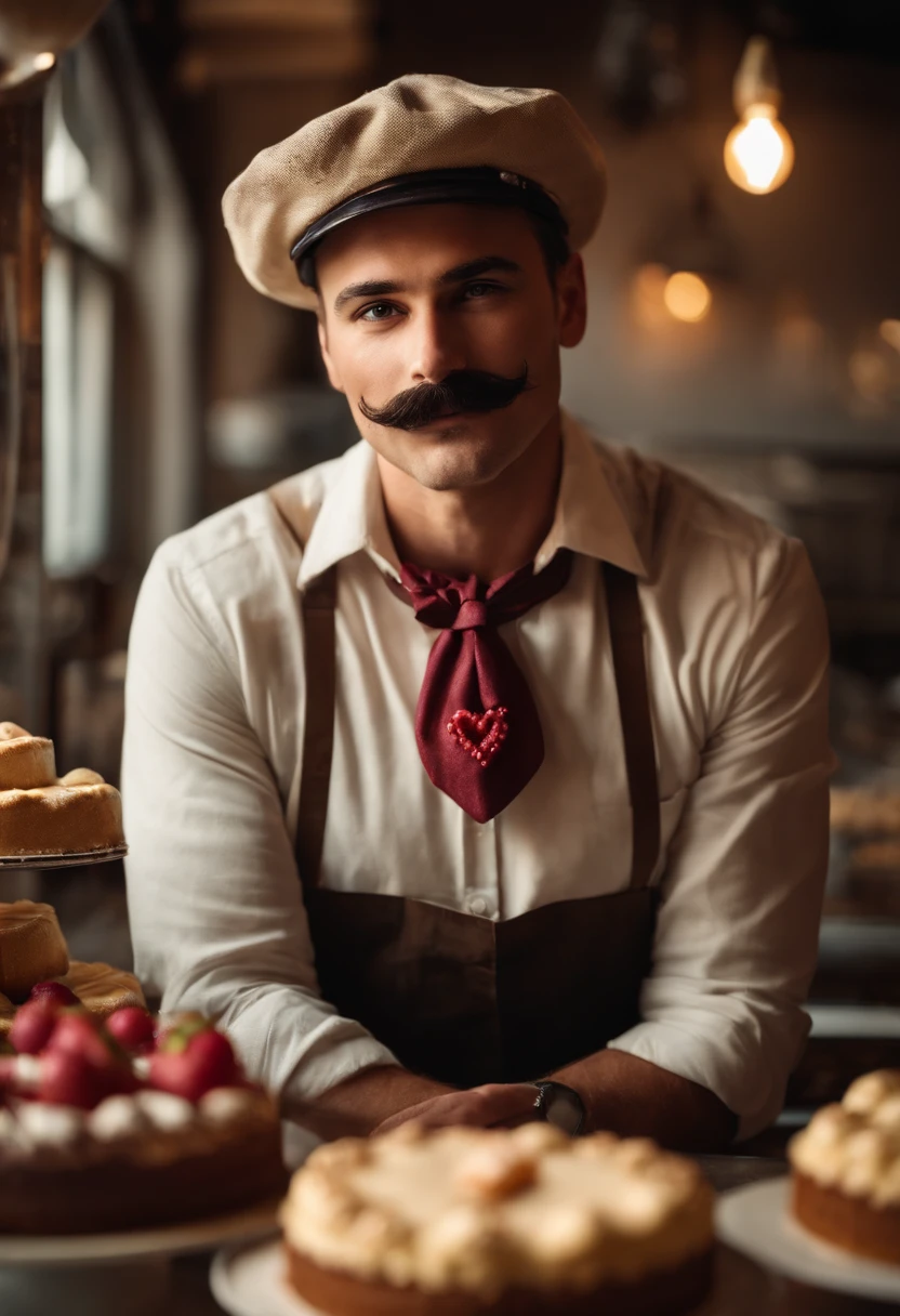 A photo of Timothy standing in a bakery, holding a heart-shaped chocolate cake with a hopeful expression on his face.,original,Hipster, mustache, man, wears mariners hat,