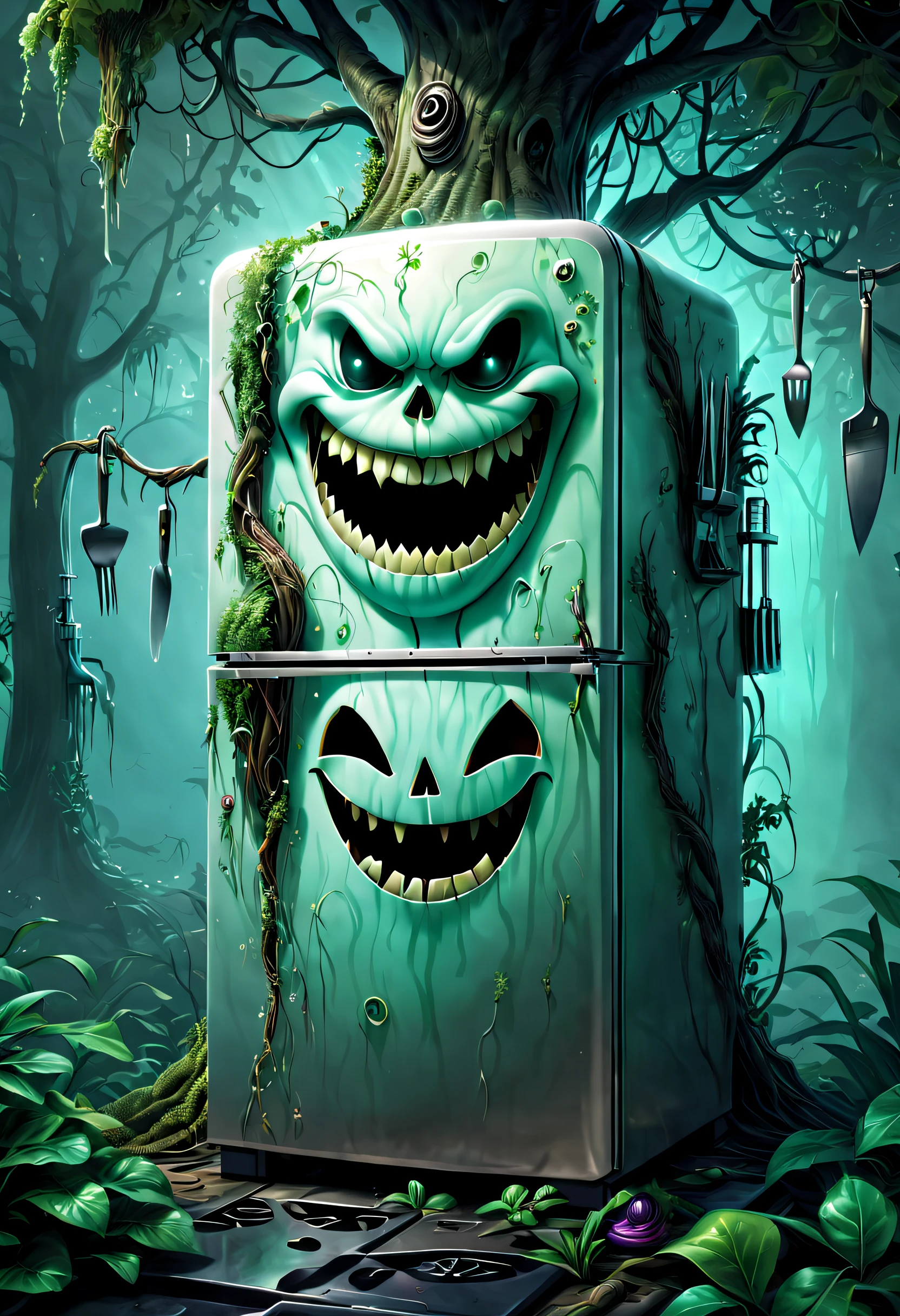 Haunted refrigerator grows on tree，(The refrigerator shows an evil smile:1.5)，evil grin smile，Magical tree，enchanted tree，The tree is covered with kitchen utensils，Epic surreal art style,epic gothic art style,Epic digital fantasy illustrations,epic mythology art style,Epic fantasy art style， Background magic jungle, sci fi art, ，Excellent，hyper realisitc，Thriller，Ghost Tree，