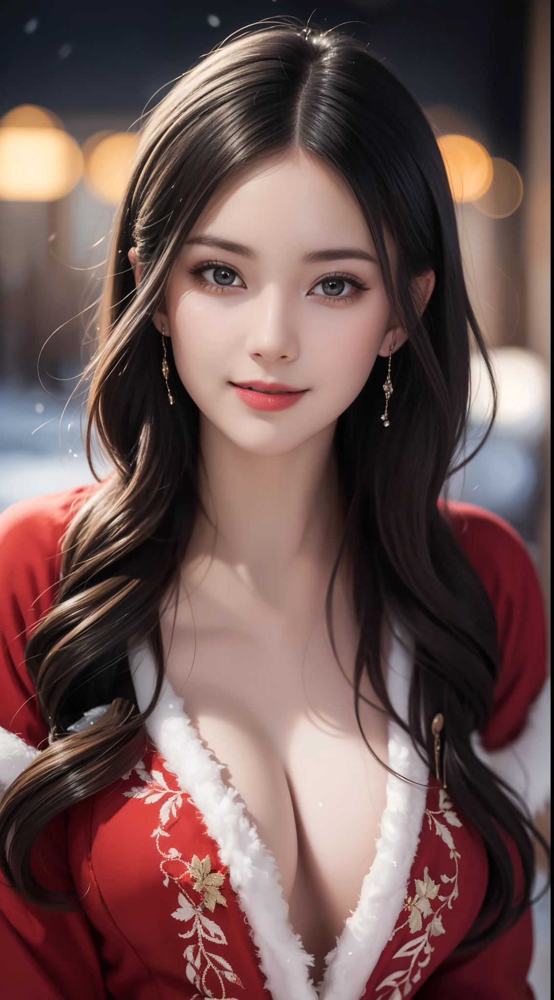 (Aesthetic, High Resolution: 1.2), full-body portrait of a beautiful 20-year-old woman wearing an intricately detailed red boby Santa Claus costume, symmetrical costume structure, bright clear eyes, happy smile, changing hairstyle, falling snow, snow in hair. Professional photographer, minimalism, conceptual art, intricate detail, 8k post-production, High Definition, Ultra Detail, trending on ArtStation, sharp focus, artistic dark studio photos, details Intricate details, Highly detailed, By Greg Rutkowski, professional light and dark art, Vibrant colors. Outdoor winter scene with snow in the evening, A slight smile, True art, many hairstyles and color changes, Passionate mood, Seductive expressions, Sexy lips, Wet lips, Eyes seductive aim, seductive appearance, seductive posture.