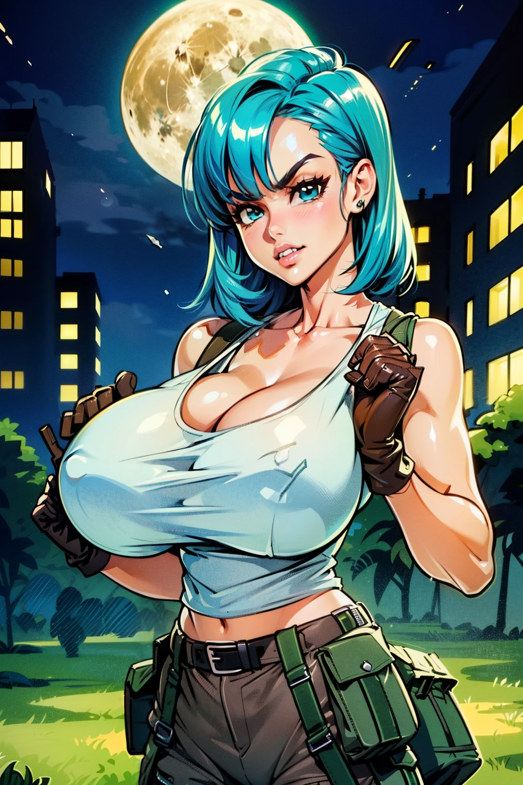 Waifu, masterpiece, curvy, breasts, moon, full moon, gloves, 1girl, clenched teeth, bulma, cleavage, large breasts, teeth, aqua hair, ((white tank top:1.2)), blue eyes, rating:explicit,rule34, hardcore, tits,clenched hands, night, sky, ((brown cargo pants:1.4)), bare shoulders, blue hair, clenched hand, rating:questionable, (((hairtype 4C:1.5))), belt, solo, angry, lip biting(gigantic and massive tits:1.1), breasts, official illustration, illustration, detailed face, beautiful intricate eyes, curvy milf, 1:2), closeup, titsnipples