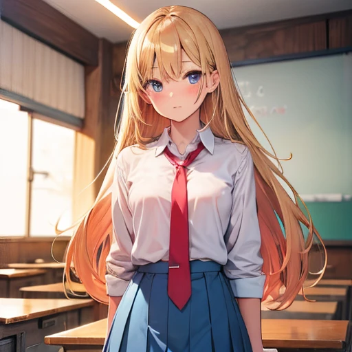 Blonde, straight semi-long hair, light blue skirt, red tie, red cheeks, classroom