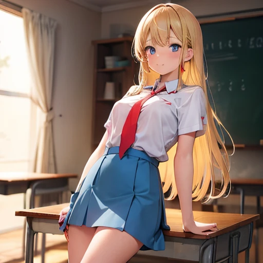 Blonde, straight semi-long hair, light blue skirt, red tie, red cheeks, classroom