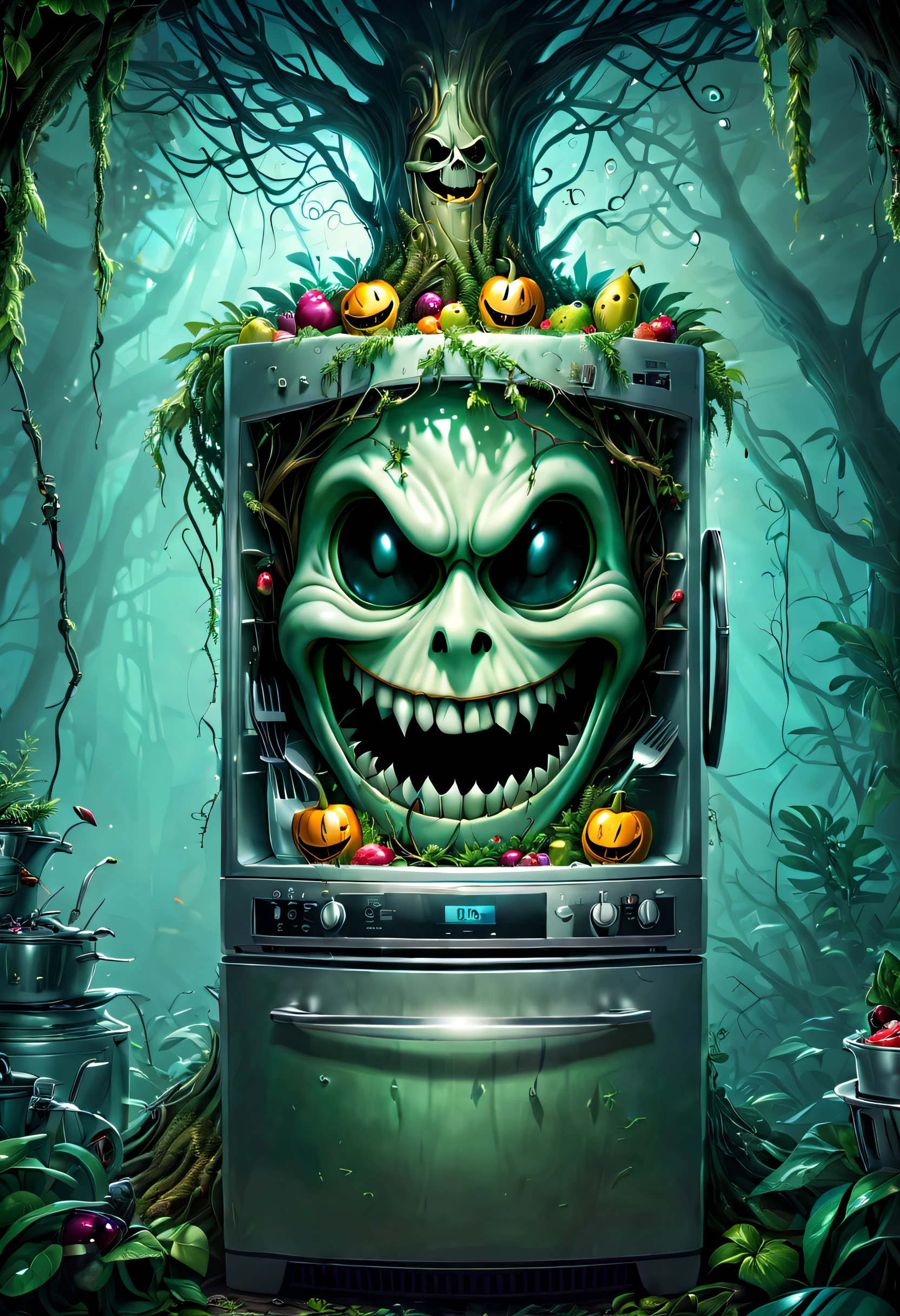 Haunted refrigerator grows on tree，(The refrigerator shows an evil smile:1.5)，evil grin smile，Magical tree，enchanted tree，The tree is covered with kitchen utensils，Epic surreal art style,epic gothic art style,Epic digital fantasy illustrations,epic mythology art style,Epic fantasy art style， Background magic jungle, sci fi art, ，Excellent，hyper realisitc，Thriller，Ghost Tree，