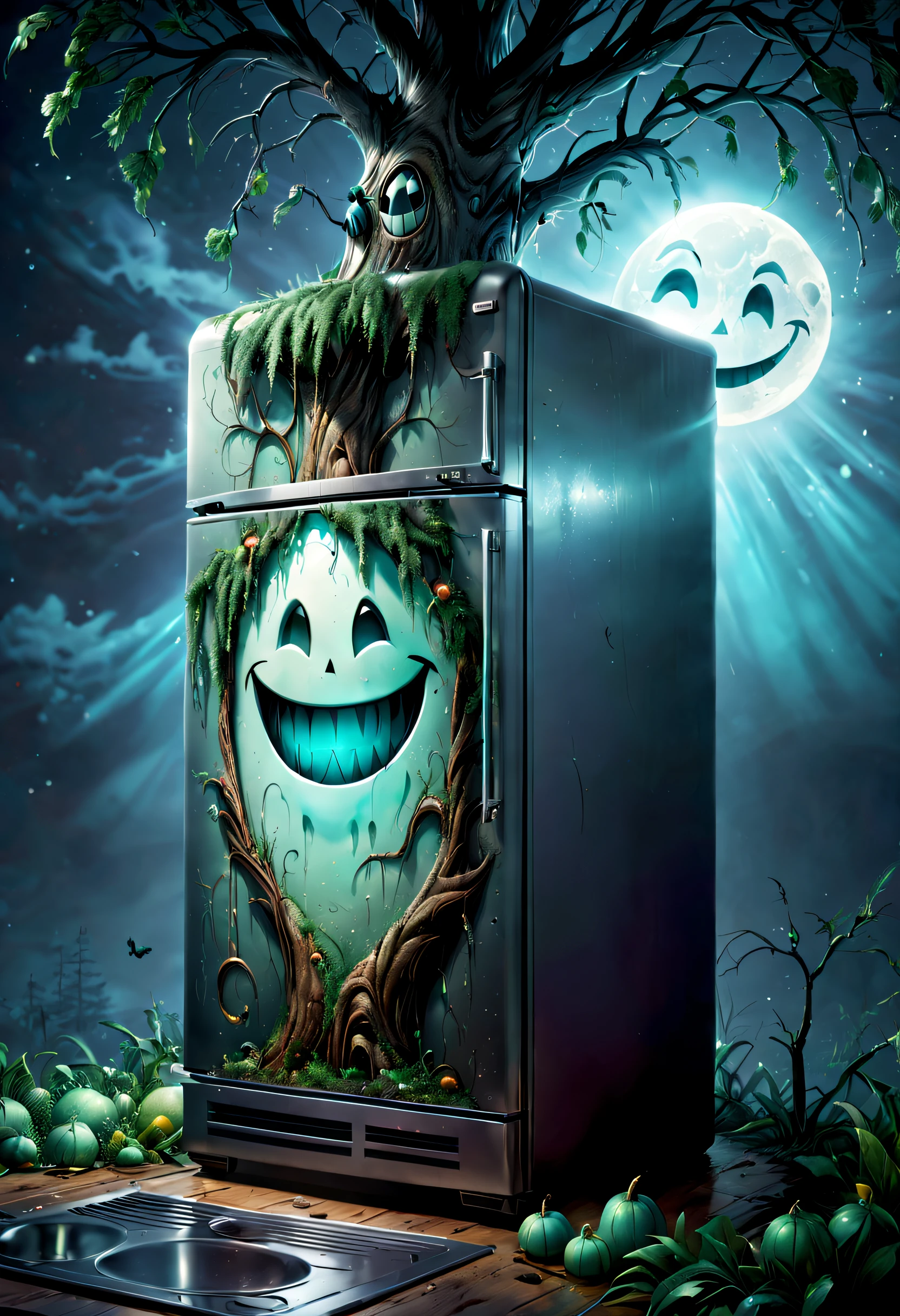 (tmasterpiece),(ultra - detailed:1.3),Best quality,(Sparkling:1.2),Haunted refrigerator grows on tree,(The refrigerator shows a strange smile:1.5),evil grin smile,Magical tree,enchanted tree,The tree is covered with kitchen utensils, a strange world, Thriller horror design style, natta,moon full,without humans,vivd colour,Dark and damp,1.Realism increased by 4 times,hyper HD,Everything is shown in this beautiful scene,(The content is very detailed,Reasonable design,Clear lines,High- sharpness,tmasterpiece,offcial art,movie light effect,8K), Shady