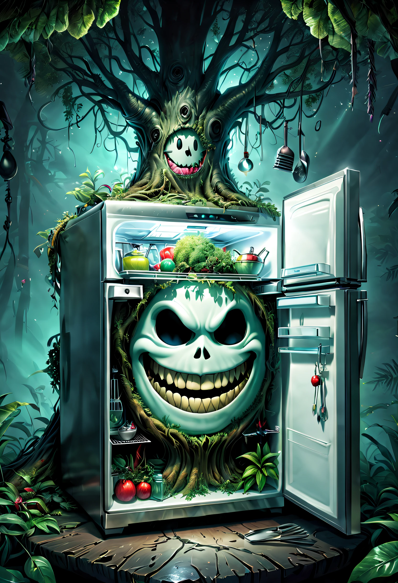 Haunted refrigerator grows on tree，(The refrigerator shows an evil smile:1.5)，evil grin smile，Magical tree，enchanted tree，The tree is covered with kitchen utensils，Epic surreal art style,epic gothic art style,Epic digital fantasy illustrations,epic mythology art style,Epic fantasy art style， Background magic jungle, sci fi art, ，Excellent，hyper realisitc，Thriller，Ghost Tree，