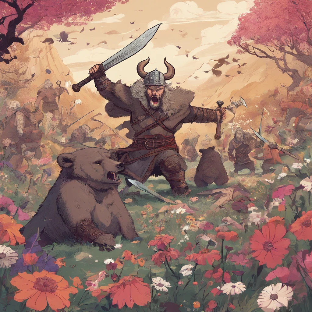 Vikings fighting bears among flowers