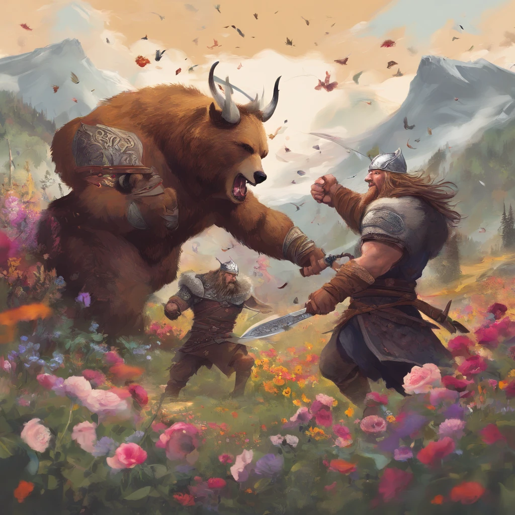 Vikings fighting bears among flowers