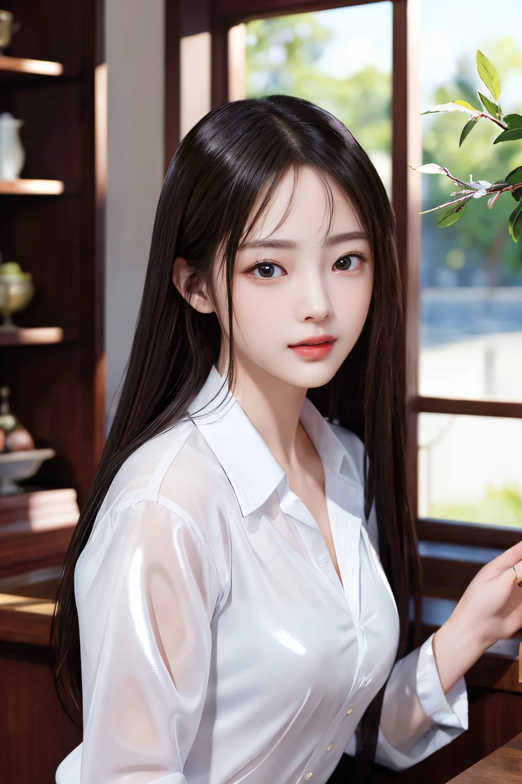 超A high resolution、masterpiece、top-quality、
extra detailed face、A detailed eye、Very complex and、perfect glossy shiny skins、Perfect litthing、Detailed Lighting、Dramatic shadows、光线追踪、
1 girl in、The upper part of the body、Counter Staff Uniforms、looking at the viewers、