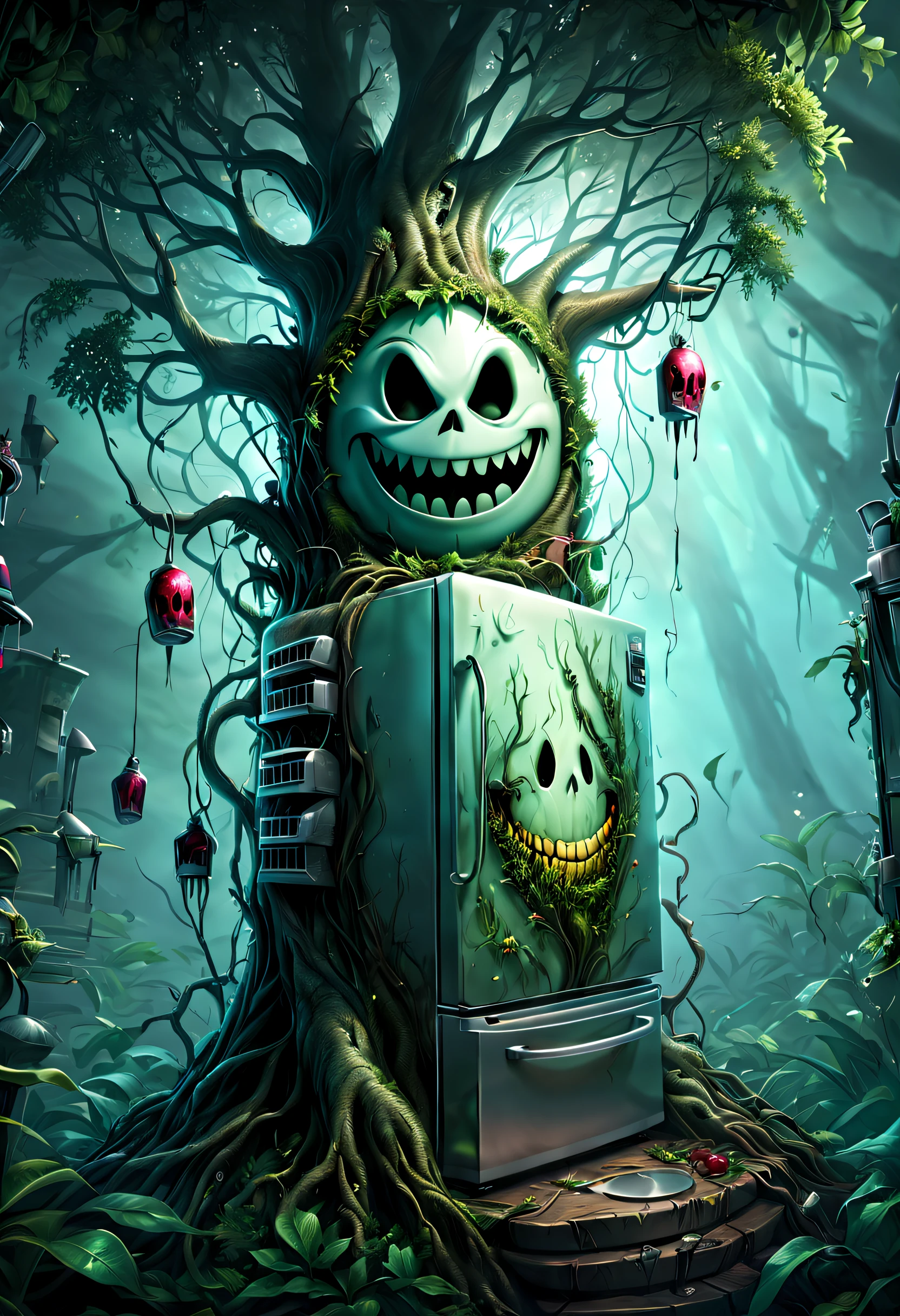 Haunted refrigerator grows on tree，(The refrigerator shows an evil smile:1.5)，evil grin smile，Magical tree，enchanted tree，The tree is covered with kitchen utensils，Epic surreal art style,epic gothic art style,Epic digital fantasy illustrations,epic mythology art style,Epic fantasy art style， Background magic jungle, sci fi art, ，Excellent，hyper realisitc，Thriller，Ghost Tree，