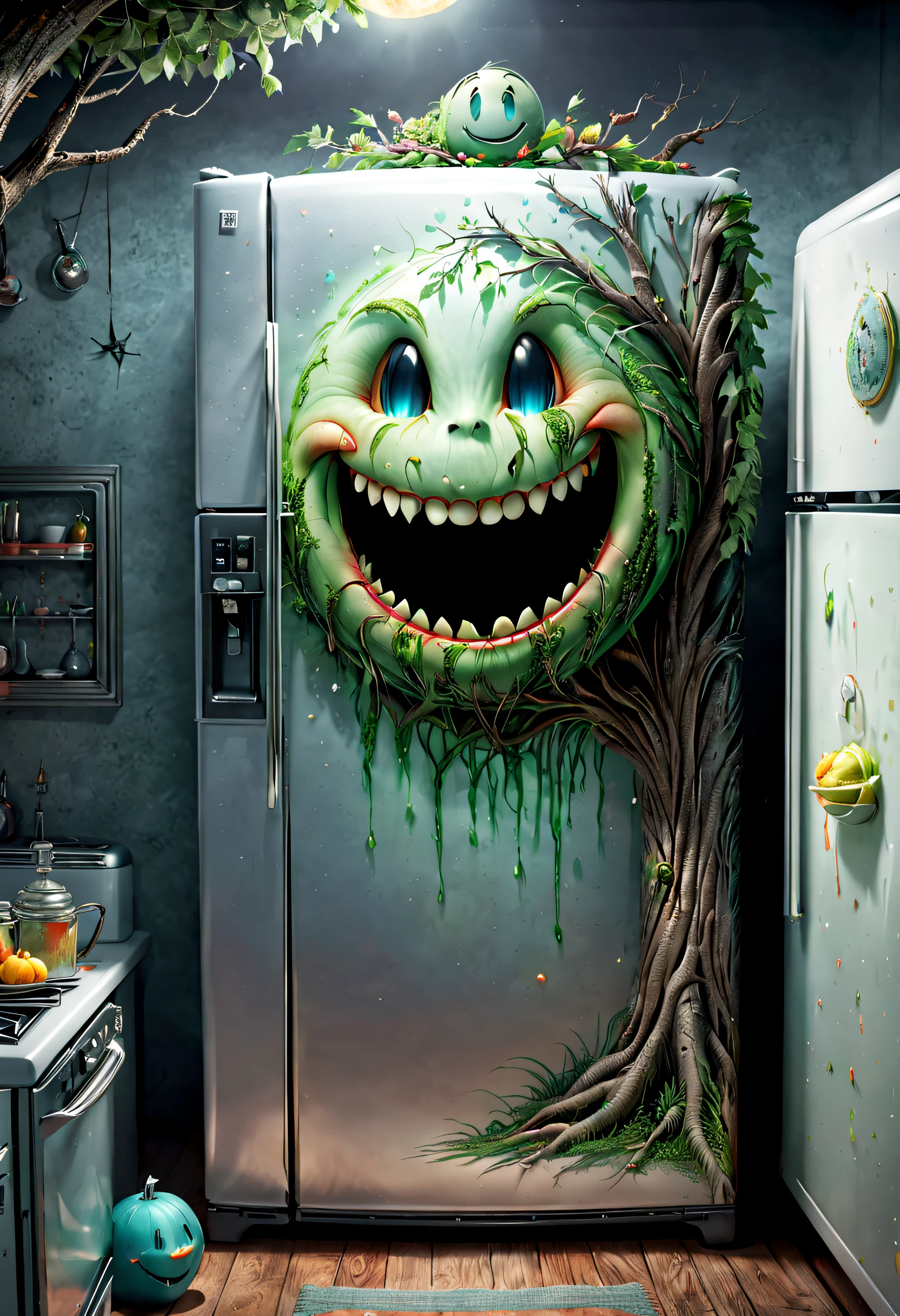 (tmasterpiece),（ultra - detailed：1.3），Best quality at best，（Sparkling:1.2），Haunted refrigerator grows on tree，(The refrigerator shows a strange smile:1.5)，evil grin smile，Magical tree，enchanted tree，The tree is covered with kitchen utensils， a strange world, Thriller horror design style, natta，moon full，without humans，Vibrant colors，Dark and damp，1.Realism increased by 4 times，hyper HD，Everything is shown in this beautiful scene，（The content is very detailed，Reasonable design，Clear lines，High- sharpness，tmasterpiece，offcial art，movie light effect，8K）, glomy