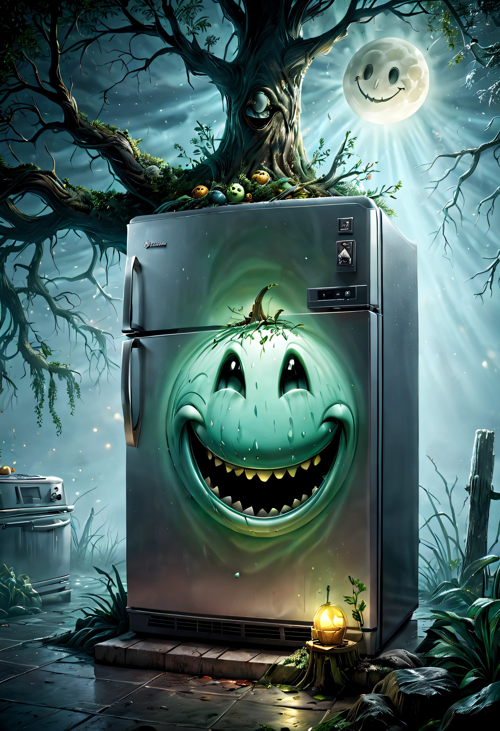 (tmasterpiece),(ultra - detailed:1.3),Best quality at best,(Sparkling:1.2),Haunted refrigerator grows on tree,(The refrigerator shows a strange smile:1.5),evil grin smile,Magical tree,enchanted tree,The tree is covered with kitchen utensils, a strange world, Thriller horror design style, natta,moon full,without humans,Vibrant colors,Dark and damp,1.Realism increased by 4 times,hyper HD,Everything is shown in this beautiful scene,(The content is very detailed,Reasonable design,Clear lines,High- sharpness,tmasterpiece,offcial art,movie light effect,8K), glomy