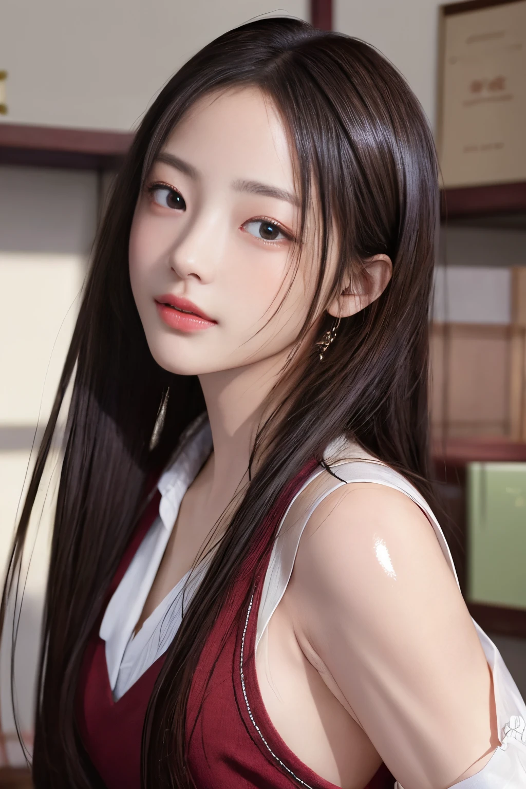 超A high resolution、masterpiece、top-quality、
extra detailed face、A detailed eye、Very complex and、perfect glossy shiny skins、Perfect litthing、Detailed Lighting、Dramatic shadows、光线追踪、
1 girl in、The upper part of the body、Counter Staff Uniforms、looking at the viewers、