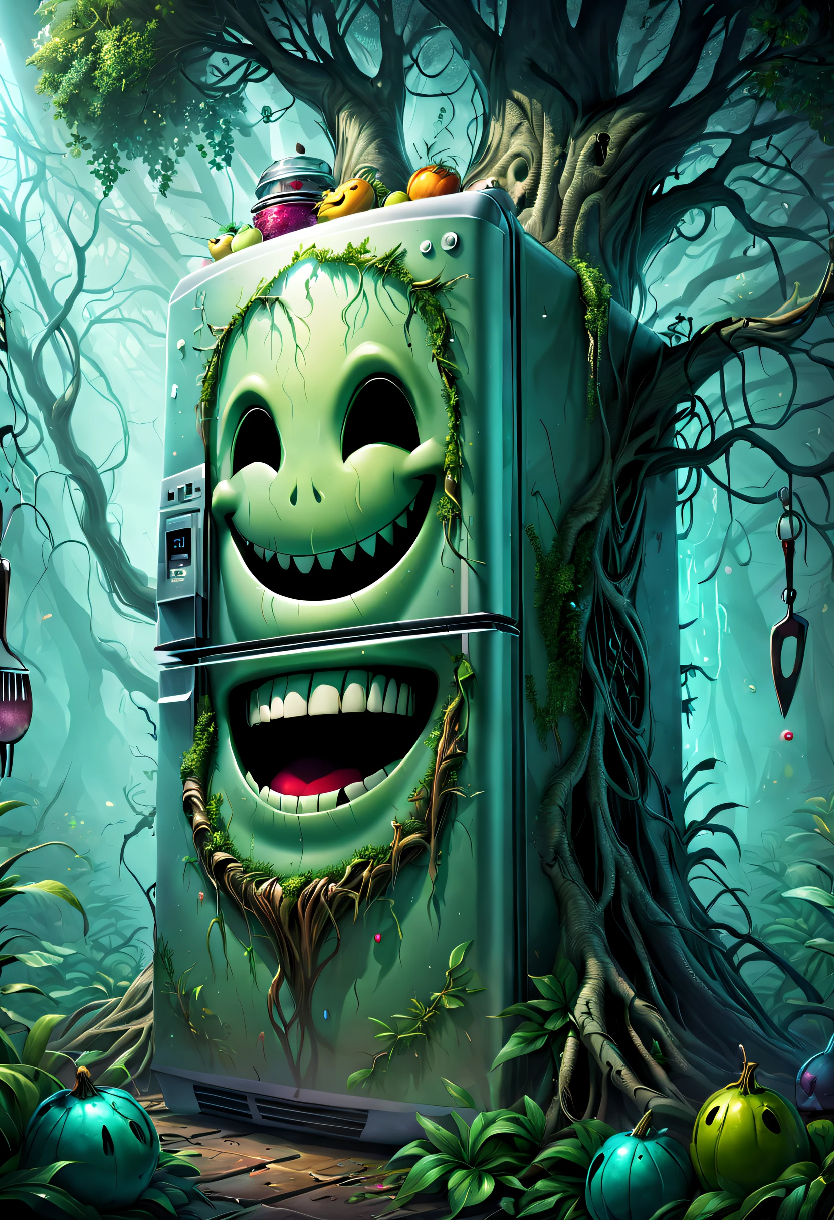 Haunted refrigerator grows on tree,(The refrigerator shows a strange smile:1.5),evil grin smile,Magical tree,enchanted tree,The tree is covered with kitchen utensils,Epic surreal art style,epic gothic art style,Epic digital fantasy illustrations,epic mythology art style,Epic fantasy art style, Background magic jungle, sci fi art, ,Excellent,hyper realisitc,Thriller,Ghost Tree,