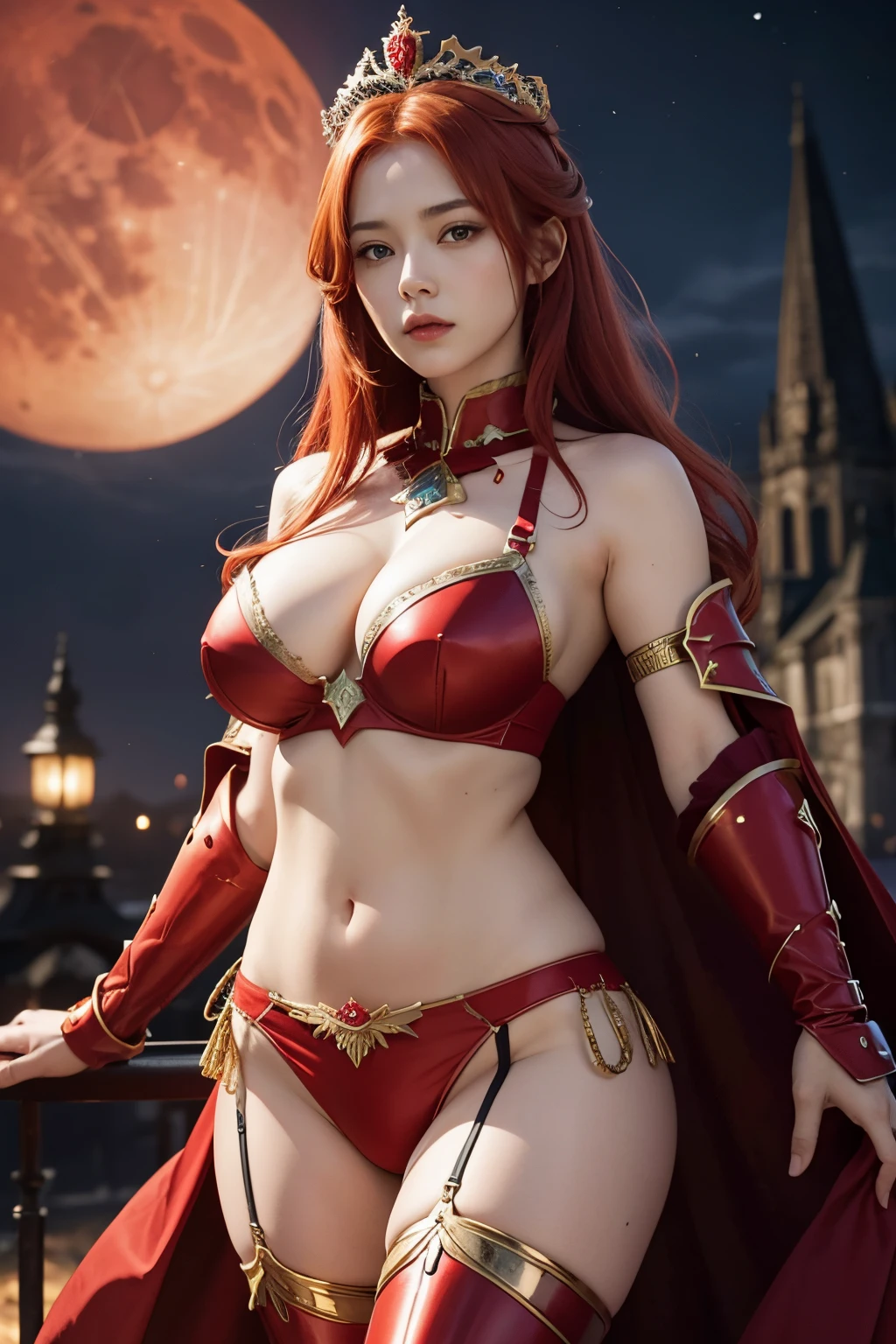 Female , red hair , Large breasts,red armor panty,tiara crown,dramatics , in the red moon ,