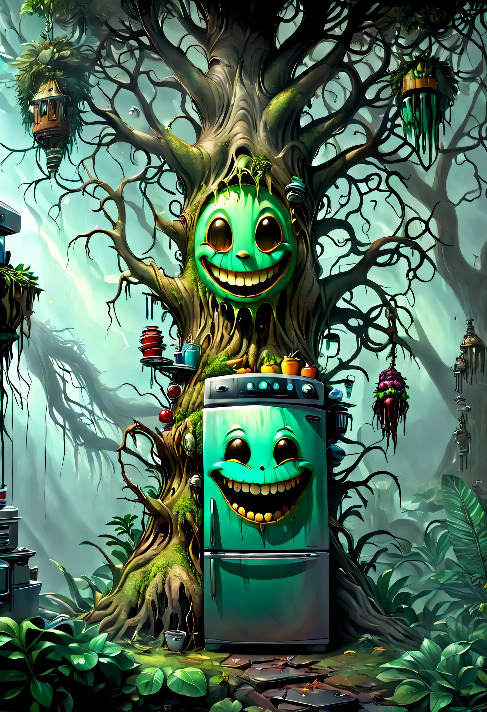 Haunted refrigerator grows on tree，(The refrigerator shows a strange smile:1.5)，evil grin smile，Magical tree，enchanted tree，The tree is covered with kitchen utensils，Epic surreal art style,epic gothic art style,Epic digital fantasy illustrations,epic mythology art style,Epic fantasy art style， Background magic jungle, sci fi art, ，Excellent，hyper realisitc，Thriller，Ghost Tree，