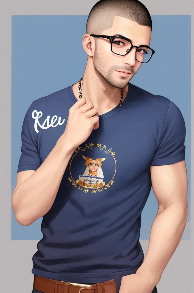 Um homem de 25 anos (jovem), Corte de cabelo buzz cut quase raspado, cor dos olhos castanho-claro, barba (curta) e bigode, cor preto, Round black frame glasses, Olhos castanho-claro brilhantes, Sorriso charmoso, Camiseta com designers bonito de cor azul , buttoned up to the chest, Holding a digital pen in his right hand, Fazendo uma pose de foto de perfil, foto de perfil, em estilo cartoon (desenho) with a background themed to the world of graphic design