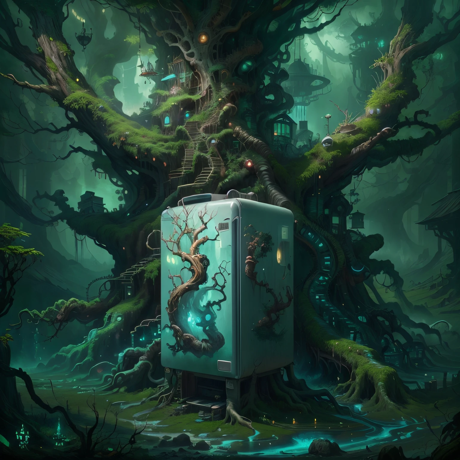 Haunted refrigerator grows on tree，(The refrigerator shows a strange smile:1.5)，evil grin smile，Magical tree，enchanted tree，The tree is covered with kitchen utensils，Epic surreal art style,epic gothic art style,Epic digital fantasy illustrations,epic mythology art style,Epic fantasy art style， Background magic jungle, sci fi art, ，Excellent，hyper realisitc，Thriller，Ghost Tree，