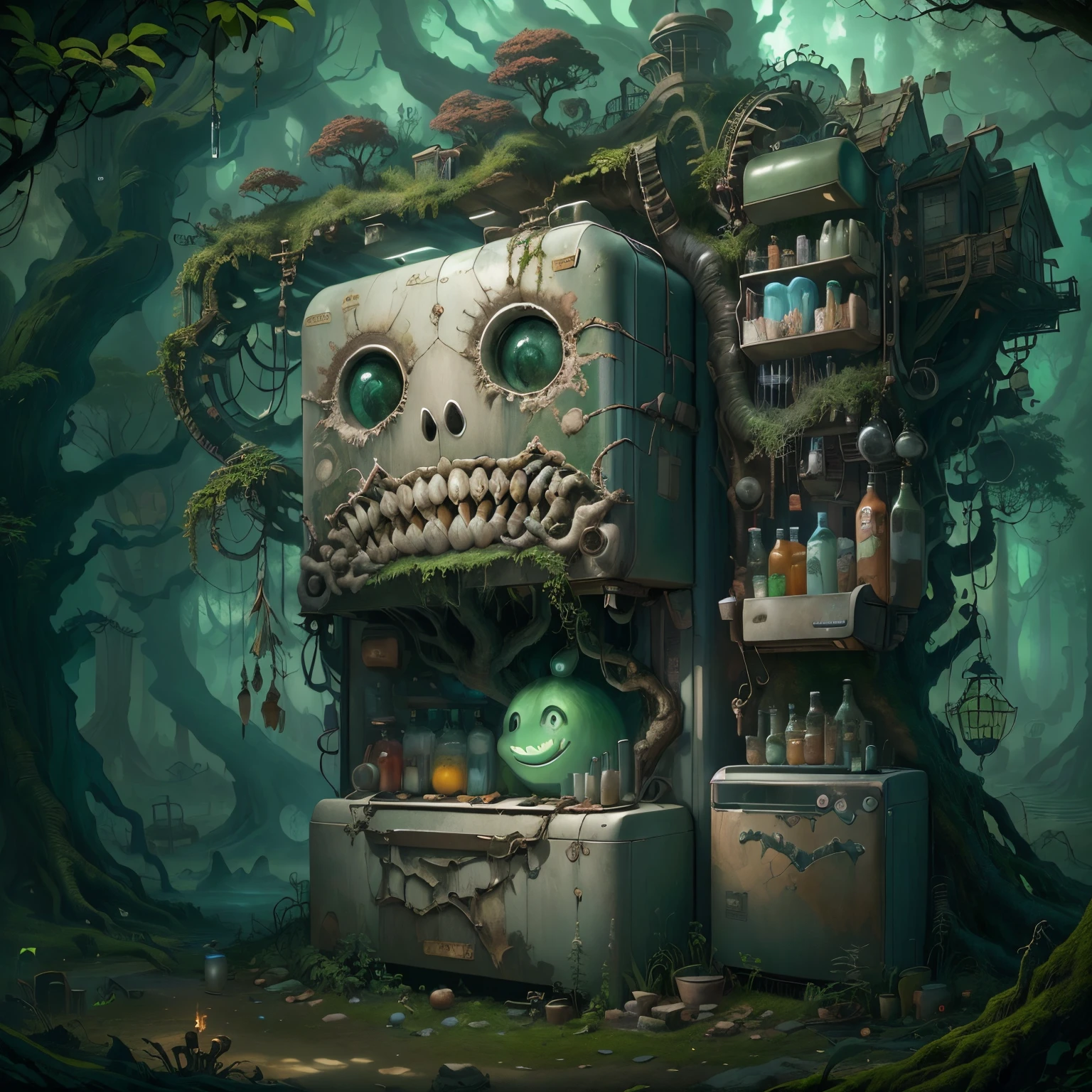 Refrigerators grow on trees,(The refrigerator shows a strange smile:1.5),evil grin smile,Magical tree,enchanted tree,The tree is covered with kitchen utensils,Epic surreal art style,epic gothic art style,Epic digital fantasy illustrations,epic mythology art style,Epic magical art style, Background magic jungle, sci fi art, ,Excellent,hyper realisitc,Thriller,Ghost Tree,