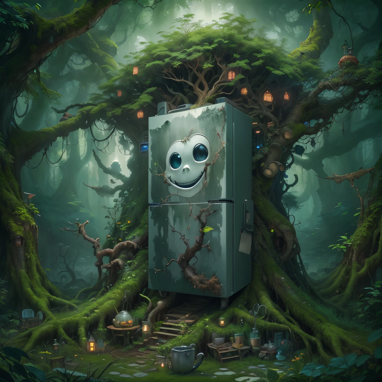 Refrigerators grow on trees,(The refrigerator shows a strange smile:1.5),evil grin smile,Magical tree,enchanted tree,The tree is covered with kitchen utensils,Epic surreal art style,epic gothic art style,Epic digital fantasy illustrations,epic mythology art style,Epic magical art style, Background magic jungle, sci fi art, ,Excellent,hyper realisitc,Thriller,Ghost Tree,