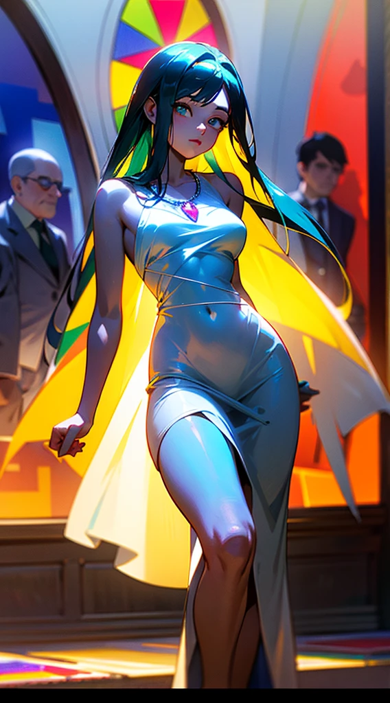 RAW, professional photograph, medium shot, photorealistic, realistic lights, realistic shadows, hyper-realistic, ray tracing, super detail, UHD, 8k, female, athletic body, soft facial features, long hair, straight hair, cyan hair, cyan eyes, long white dress, ruby necklace, glass art, mosaic, stained glass