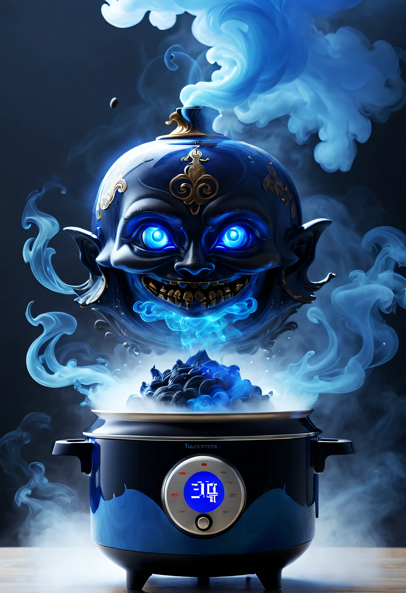 (Best quality,4K,8K,A high resolution,tmasterpiece:1.2),ultra - detailed,Mysterious blue smoke comes out of AI rice cooker,Transparent witch head formed from blue smoke,Inspired by One Thousand and One Nights,inspired by aladdin&#39;s magic lamp,Kitchen background,sci fi art,Excellent,wonderful fairy tale,hyper realisitc,Mythical film，Abstract，Stylized