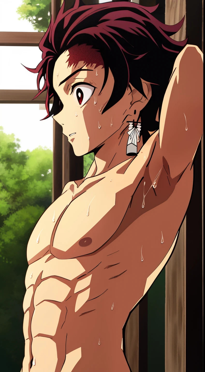 1 boy,kamado_tanjirou, day,  Highres, Masterpiece, Best quality at best,Best Quality,hight quality, hight detailed, Kamado Tanjiro from Demon Slayer, garden, seen from the side, (showing armpit:1.3), (shirtless, topless, bare chest), (without clothes), (slim body, medium body), upper body, body only, sweat