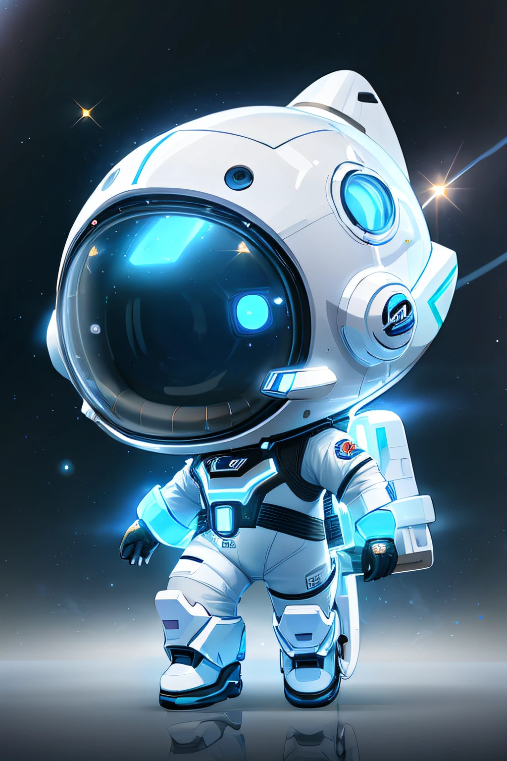 (masterpiece, ultra high resolution, detailed), chibi, high quality, ray tracing, streamlinerai space suit, stylized, shiny white, full of reflections, blue glowing lights, futurism, clean edges, tinted windows, cartoon rendering, HD, 4k