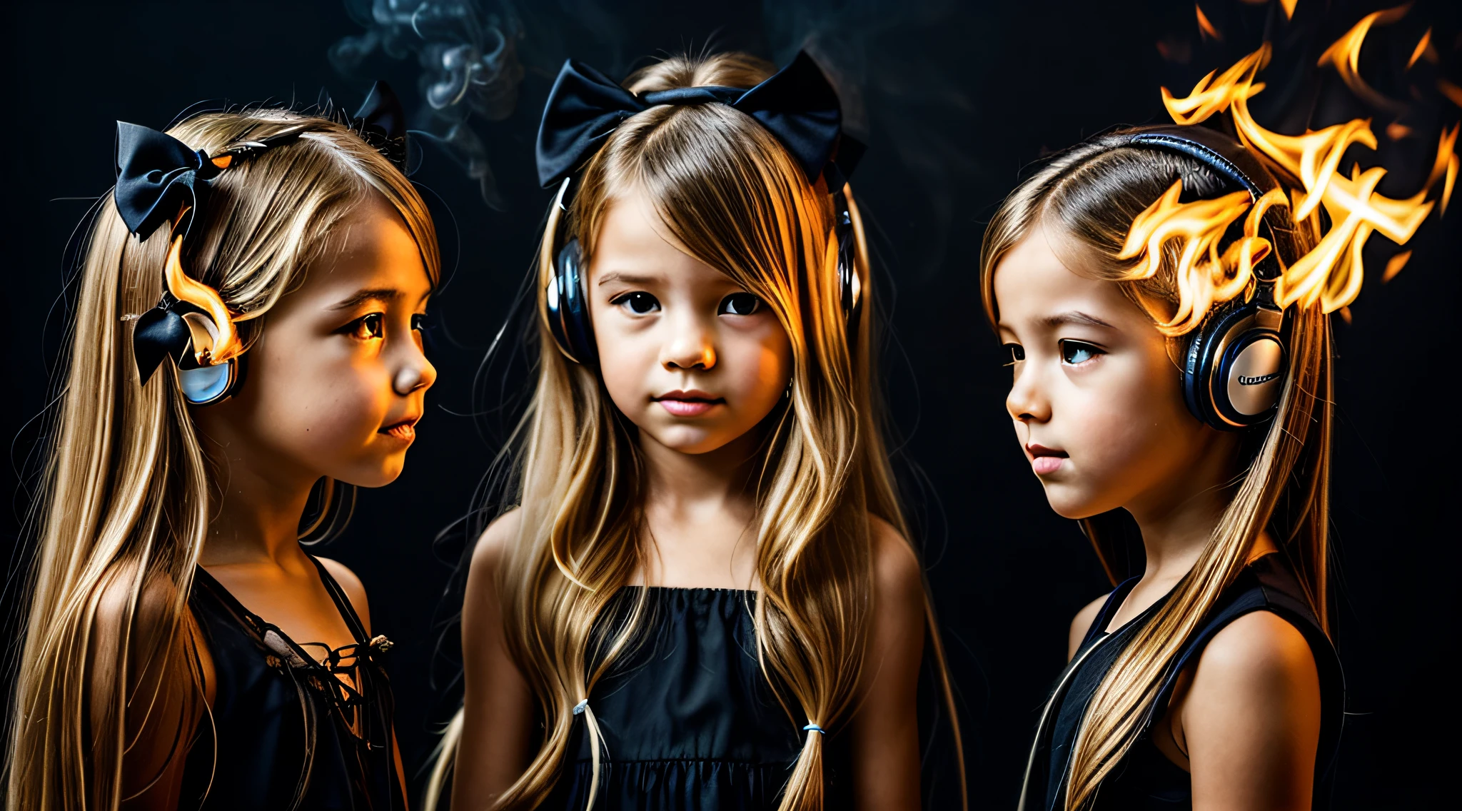 two KIDS BLONDE girls LONG HAIR with bows on their heads and one wearing a BLACK dress, HEADPHONES FIRE AND FIRE. smoke billowing, gemini twins portrait, faixa de cabelo AMARELO,