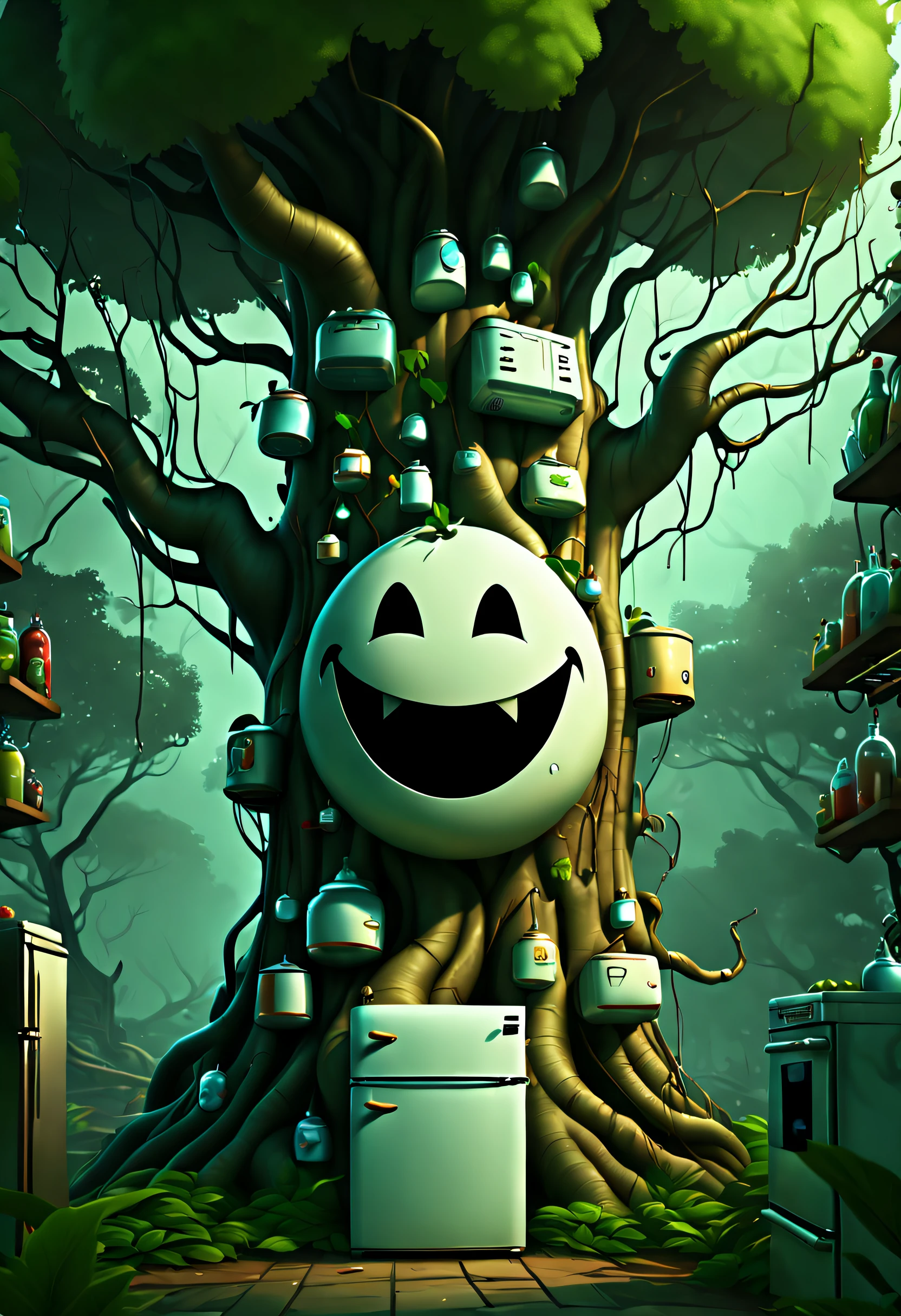 Refrigerators grow on trees，(The refrigerator shows a strange smile:1.5)，evil grin smile，Magical tree，enchanted tree，The tree is covered with kitchen utensils，Epic surreal art style,Epic sci-fi art style,Epic digital fantasy illustrations,epic mythology art style,Epic futuristic art style， Background magic jungle, sci fi art, ，Excellent，hyper realisitc，Thriller，Ghost Tree，