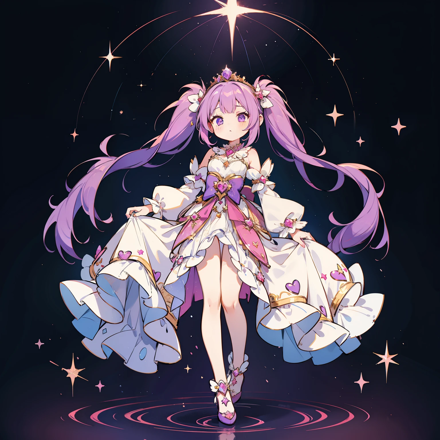 1girl in, fullllbody, Character Design, purple haired princess with heart tiara, florals, Star Accessories, High quality, Wide Shot, Detailed background of the Enchanted Forest, Taller twin tails