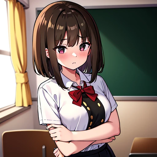 Student, short, straight hair, light brown hair, white blouse, black skirt, red bow ribbon on chest, blushing, classroom,