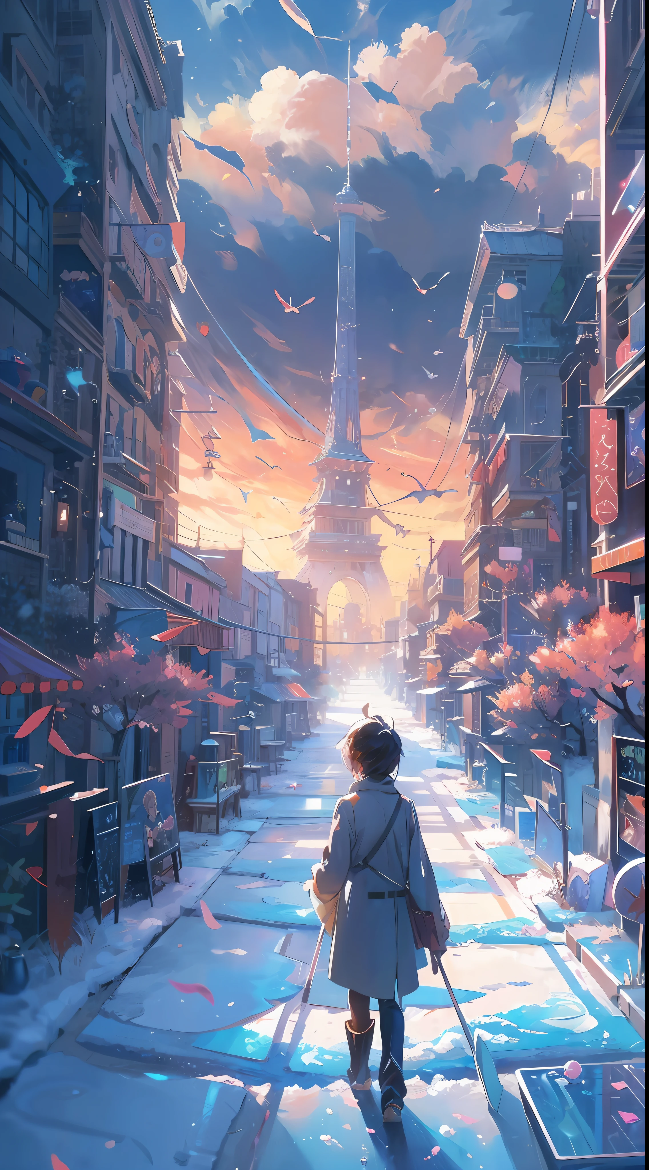 Anime landscape of a city with a tower, a person walking on a snowy path, cosmic sky. By: Makoto Shinkai, beautiful anime scenes, Makoto Shinkai, Cyril Rolando, anime background art, beautiful anime scenery, anime art wallpaper 4k, anime art wallpaper 4k, 4k anime wallpaper, anime wallpaper 4k, anime wallpaper 4k, details Reinforced, perfect detail processing.