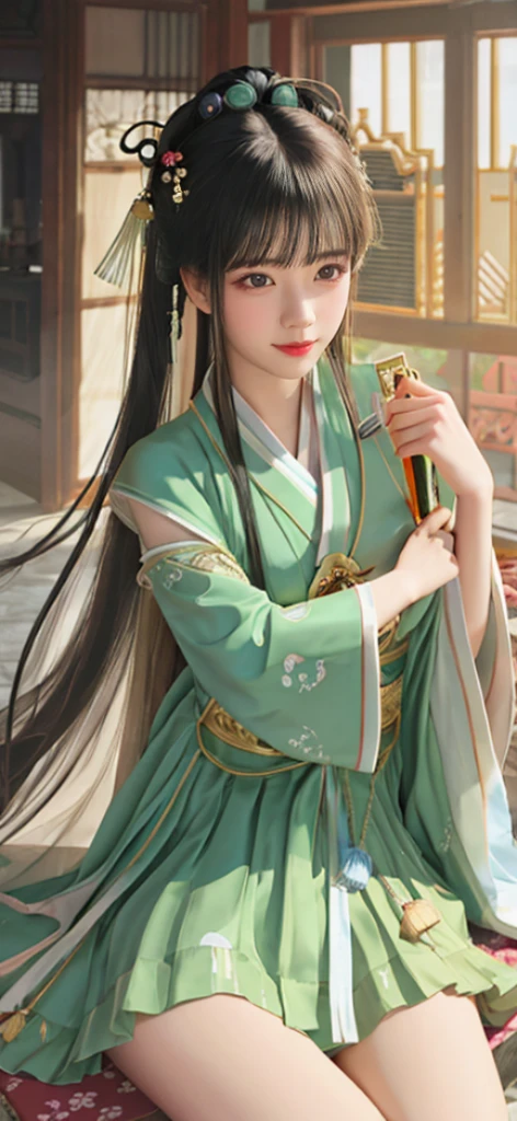 One of them is wearing a green skirt、Cartoon image of woman holding fan, closeup portrait, 宮 ,Chinese furniture, A girl in Hanfu, floating robe,wearing a long flowing robe, floating robe, Inspired by Qiu Ying, Ancient Chinese maid, ((wearing aristocrat robe)),Chinese furniture,Luxury,