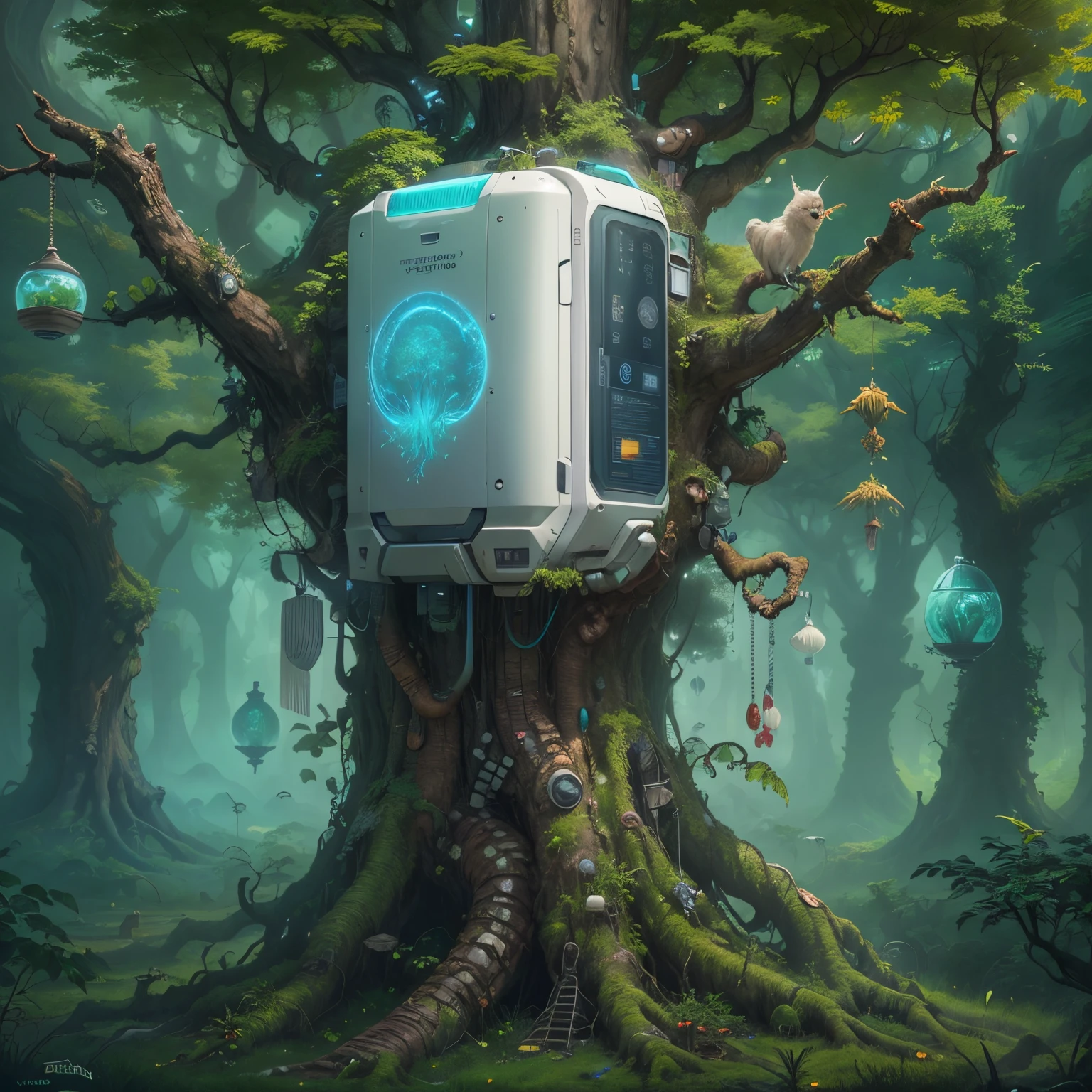 Refrigerators grow on trees,Rice cooker growing on a tree,The refrigerator shows a weird smile,Magical tree,enchanted tree,The tree is covered with kitchen utensils,Epic surreal art style,Epic sci-fi art style,Epic digital fantasy illustrations,epic mythology art style,Epic futuristic art style, Background magic jungle, sci fi art, ,Excellent,hyper realisitc,Thriller,Ghost Tree,