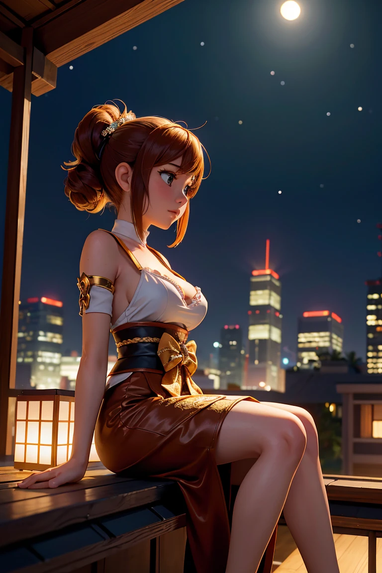 Best quality at best, tmasterpiece, The is very detailed, detailedbackground, Japanese cartoon, 1个Giant Breast Girl, Young girls, Short girl, sci-fy, scientific fiction, Outdoor activities, the night, starrysky, glasshouse, megastructures, Biodome, The landscape, scenecy, horizon, the roof, sitting on rooftop, ventania, Look away, Ambient lighting, focused only, closeup cleavage, From the side Side, depth of fields, bokeh