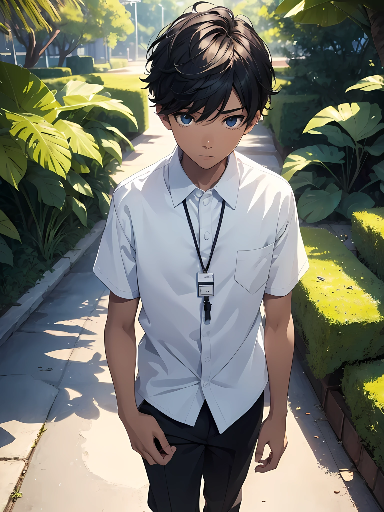 1boy, young male, age 12, solo, detailed eyes, light skin, against the light masterpiece, (UntuckedShirt:1.2), student, White shirt, short sleeves, long black pants, wearing lanyard, full body, park, nature park, anime, line art anime