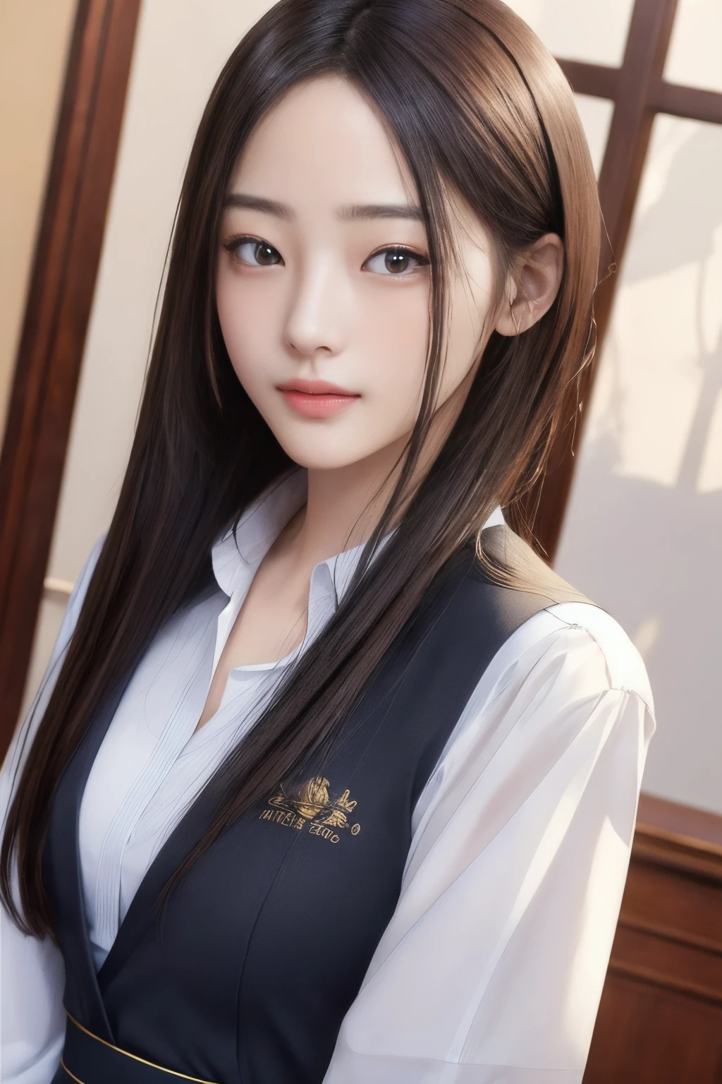 超A high resolution、masterpiece、top-quality、
extra detailed face、A detailed eye、Very complex and、perfect glossy shiny skins、Perfect litthing、Detailed Lighting、Dramatic shadows、光线追踪、
1 girl in、The upper part of the body、Counter Staff Uniforms、looking at the viewers、