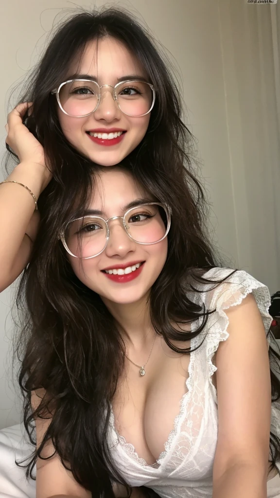 (realistic, high resolution:1.3), 1 girl with perfect figure, smile, glasses, super fine face and eyes, long hair, white lace veil: 1.2 , in bedroom, sit on the bed, big breasts, exposed cleavage