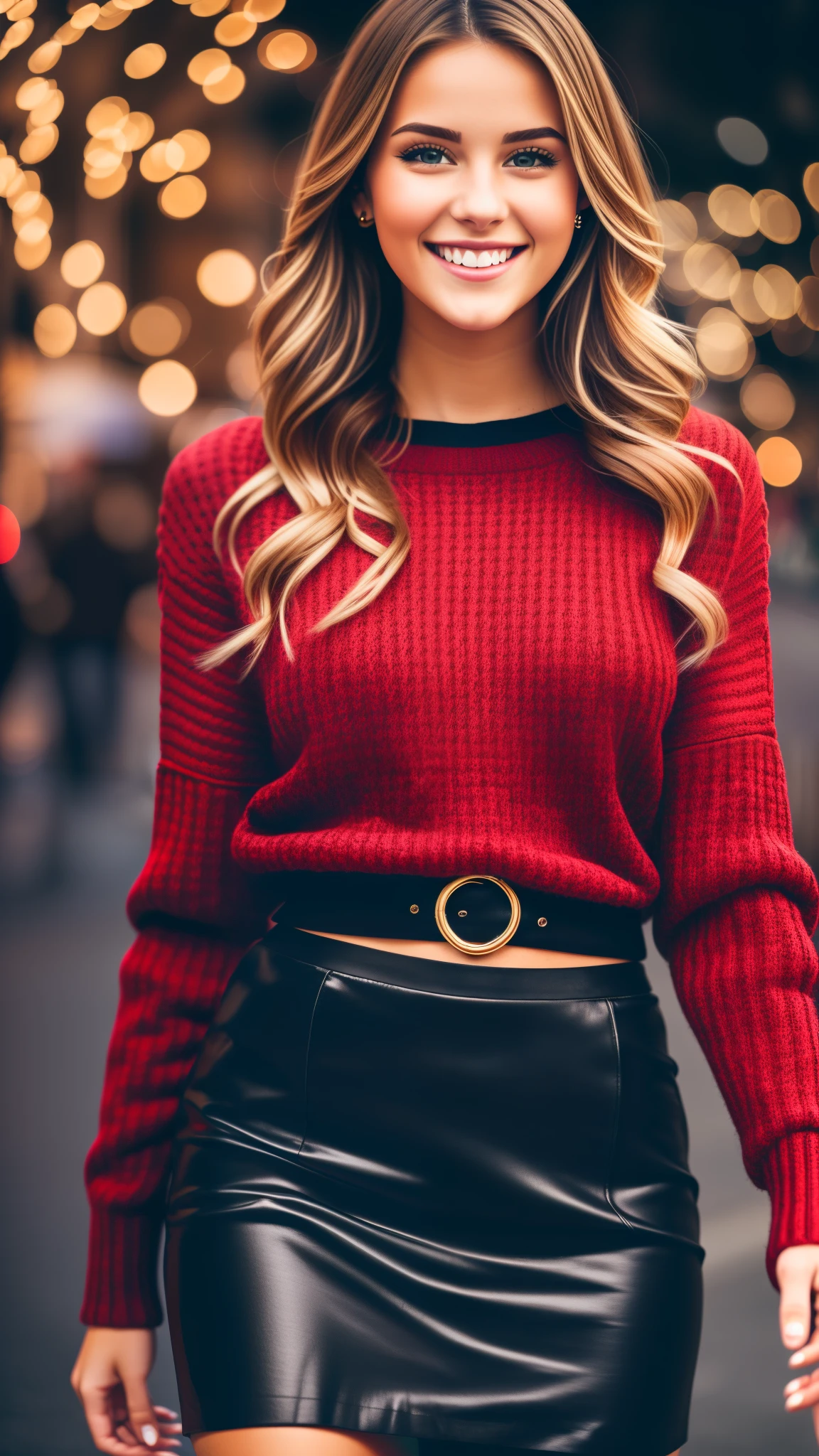 photo beautiful blonde 21 year old girl with narrow sexy short dark red pullover top and black skirt walking in a street with christmas illumination by night, smiling happy, canon d1 85 mm --auto --s2