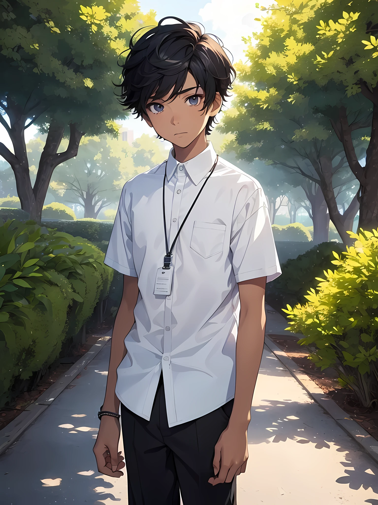 1boy, young male, ******, solo, detailed eyes, light skin, masterpiece, (UntuckedShirt:1.2), student, White long shirt, short sleeves, long black pants, wearing lanyard, full body, park, nature park, anime, line art anime