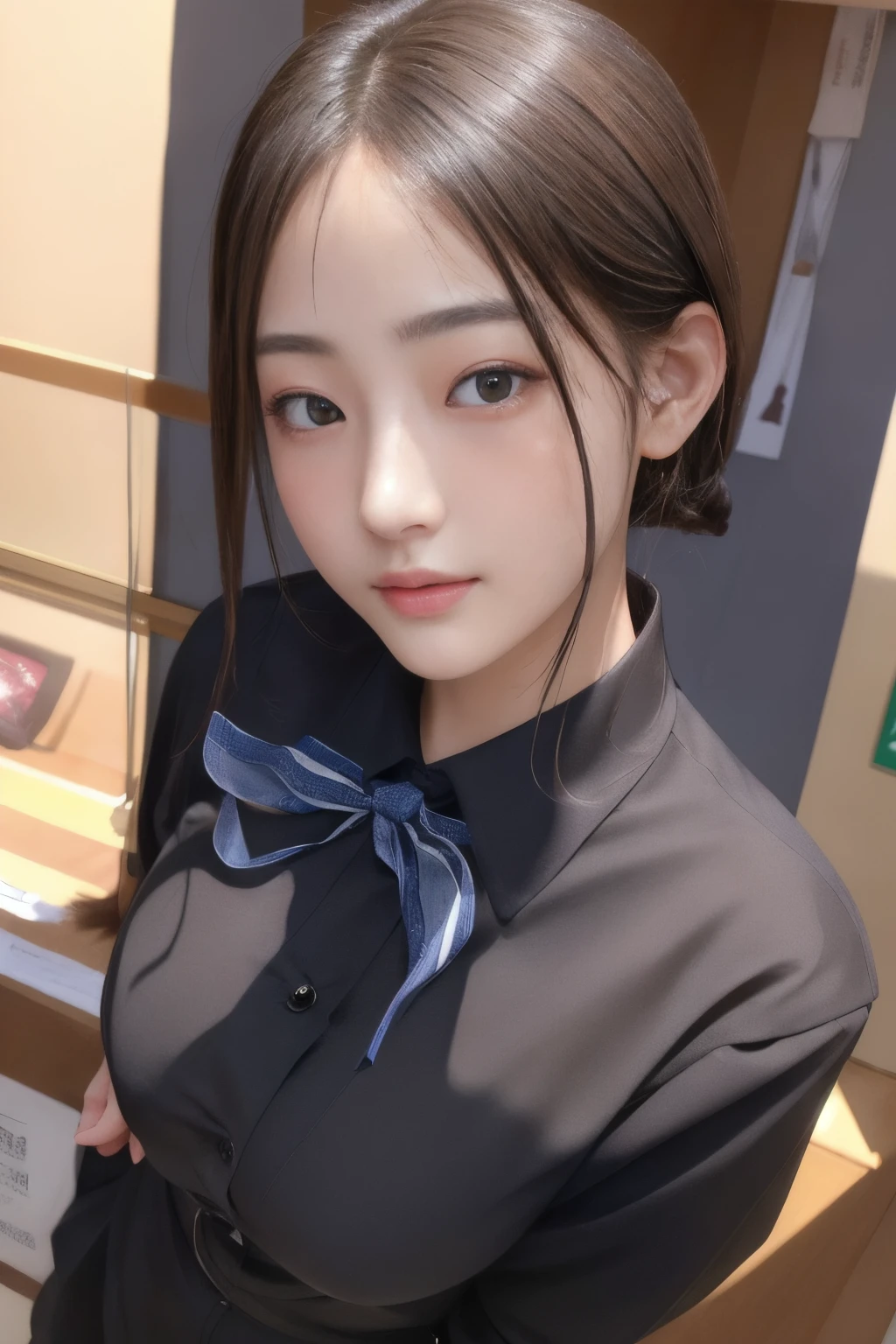 超A high resolution、masterpiece、top-quality、
extra detailed face、A detailed eye、Very complex and、perfect glossy shiny skins、Perfect litthing、Detailed Lighting、Dramatic shadows、光线追踪、
1 girl in、The upper part of the body、Counter Staff Uniforms、looking at the viewers、