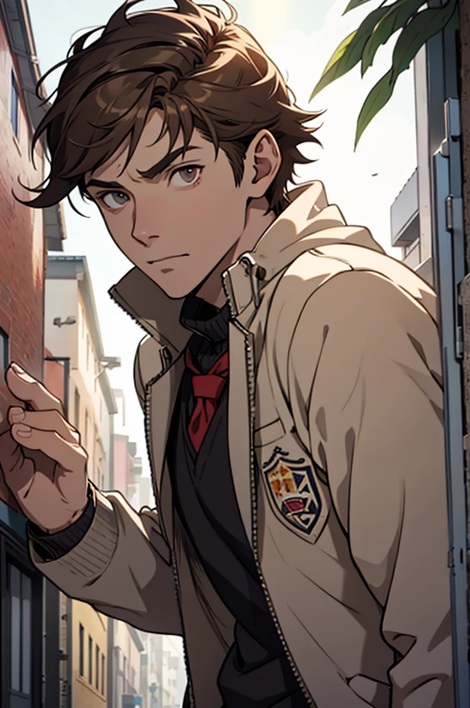 pale man, male, gray eyes, sunlight, brown hair, school Outfit, pretty, highly detailed, annoying face, cinematic, epic, anime style