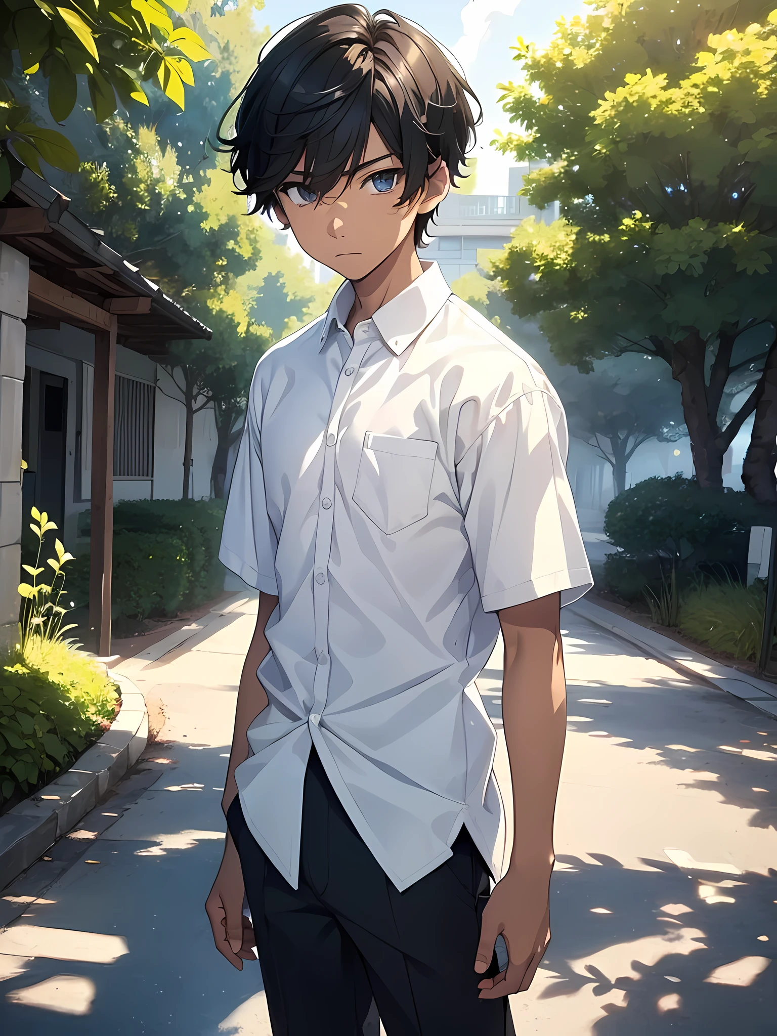 1boy, young male, , solo, detailed eyes, light skin, masterpiece, (UntuckedShirt:1.2), student, White long shirt, short sleeves, long black pants, wearing lanyard, full body, park, nature park, anime, line art anime