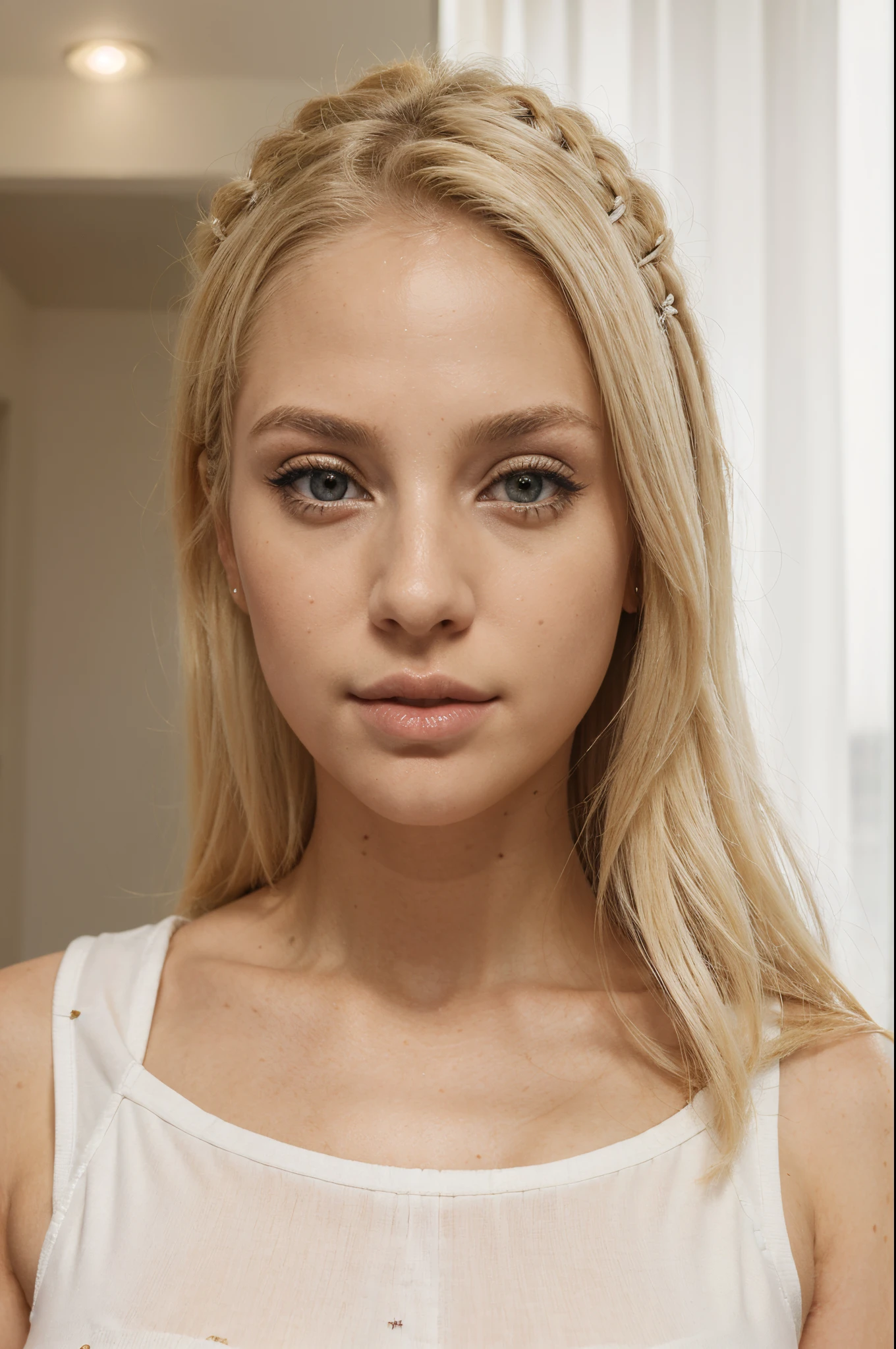 "(best quality,highres),long blond hair with little black bow,blue eyes,vivid colors,sharp focus,beautiful detailed eyes,beautiful detailed lips,fair-skinned,lovely makeup,soft and flowing hair,delicate features,graceful pose,gentle smile, room, inside house, soft light, face close up, looking straight into the eyes, profile picture"