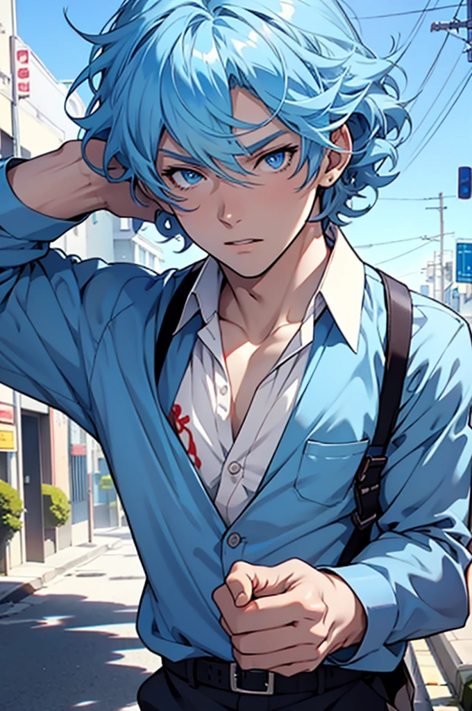 pale, man, male, blue eyes, sunlight, curly pale blue hair, preppy Outfit, pretty, highly detailed, cinematic, epic, anime style