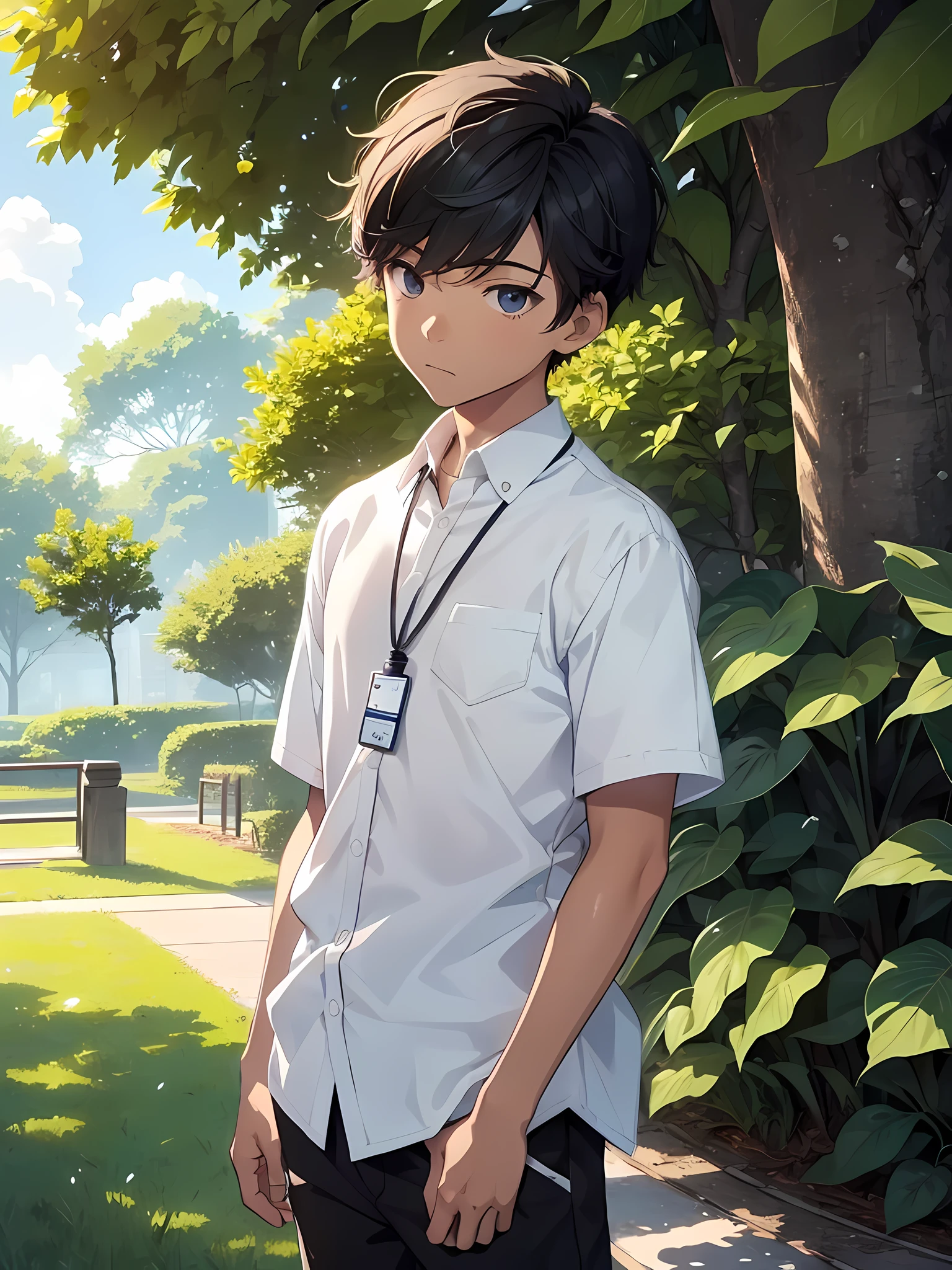 1boy, young male, age 12, solo, detailed eyes, light skin, masterpiece, (UntuckedShirt:1.2), student, White long shirt, short sleeves, long black pants, wearing lanyard, full body, park, nature park, anime, line art anime